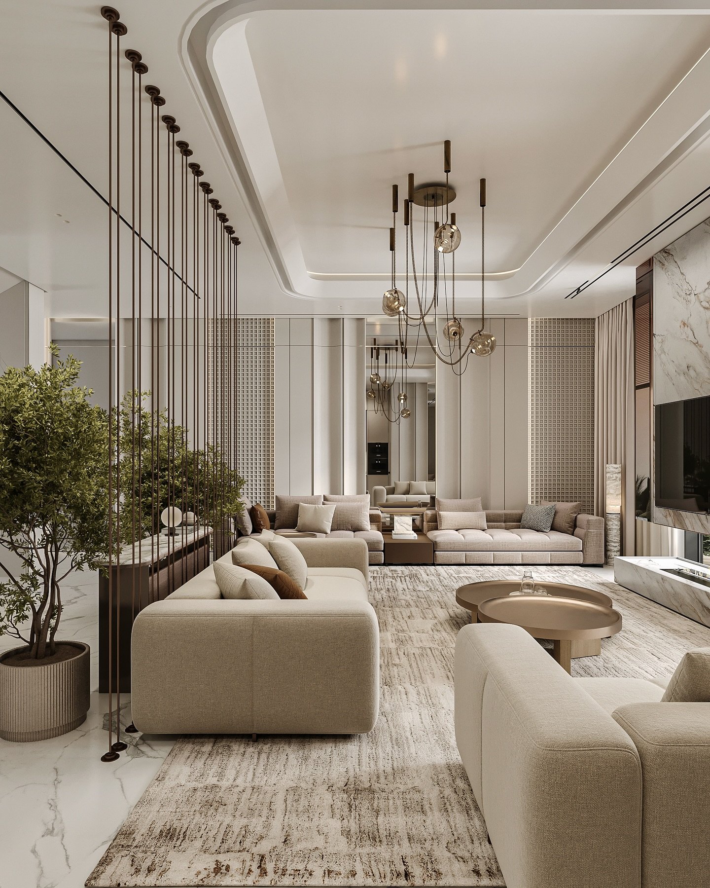 A spacious, modern living room with two large beige modular sofas, a sophisticated media wall with a fireplace, and a unique metal rod room divider.