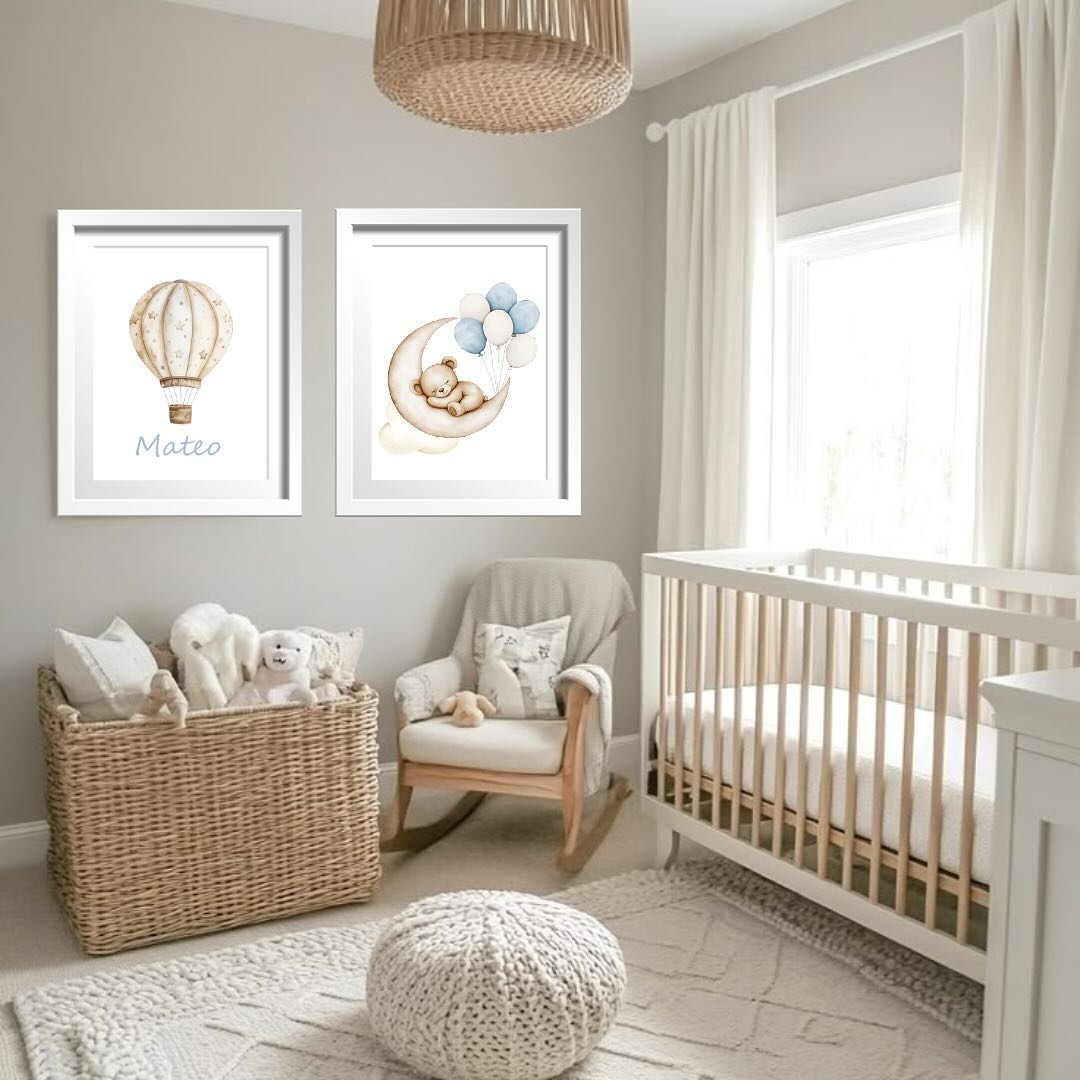 A cozy neutral nursery with framed art of a hot air balloon and a sleeping bear, a woven toy basket, and a crib.