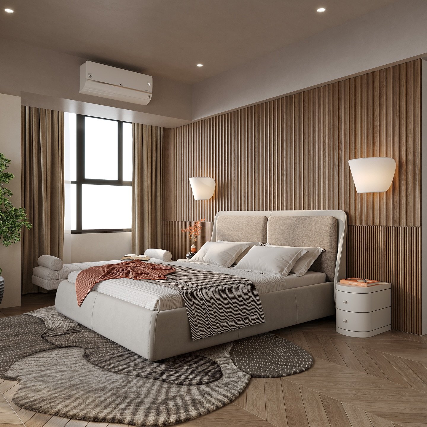 A modern master bedroom with a warm wood slat accent wall, a large bed with a padded headboard, and a unique abstract rug.