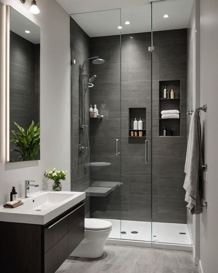A small, modern bathroom with dark grey wall tiles in the shower, a white vanity with an integrated sink, and a large mirror with vertical strip lighting.