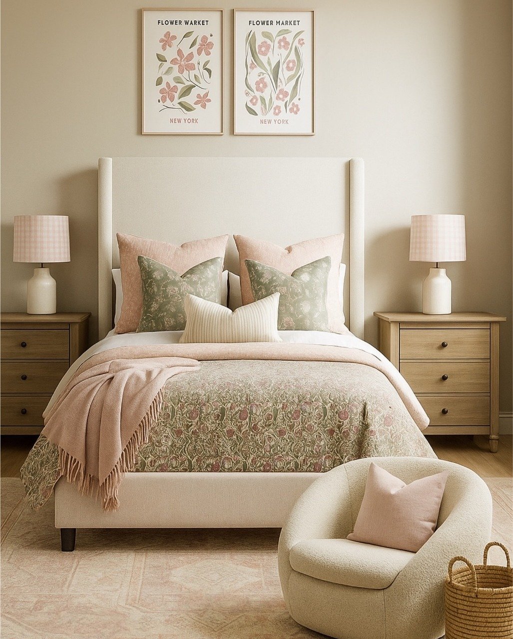 A beautiful and elegant bedroom with a floral quilt, a high upholstered headboard, and matching floral posters above the bed.