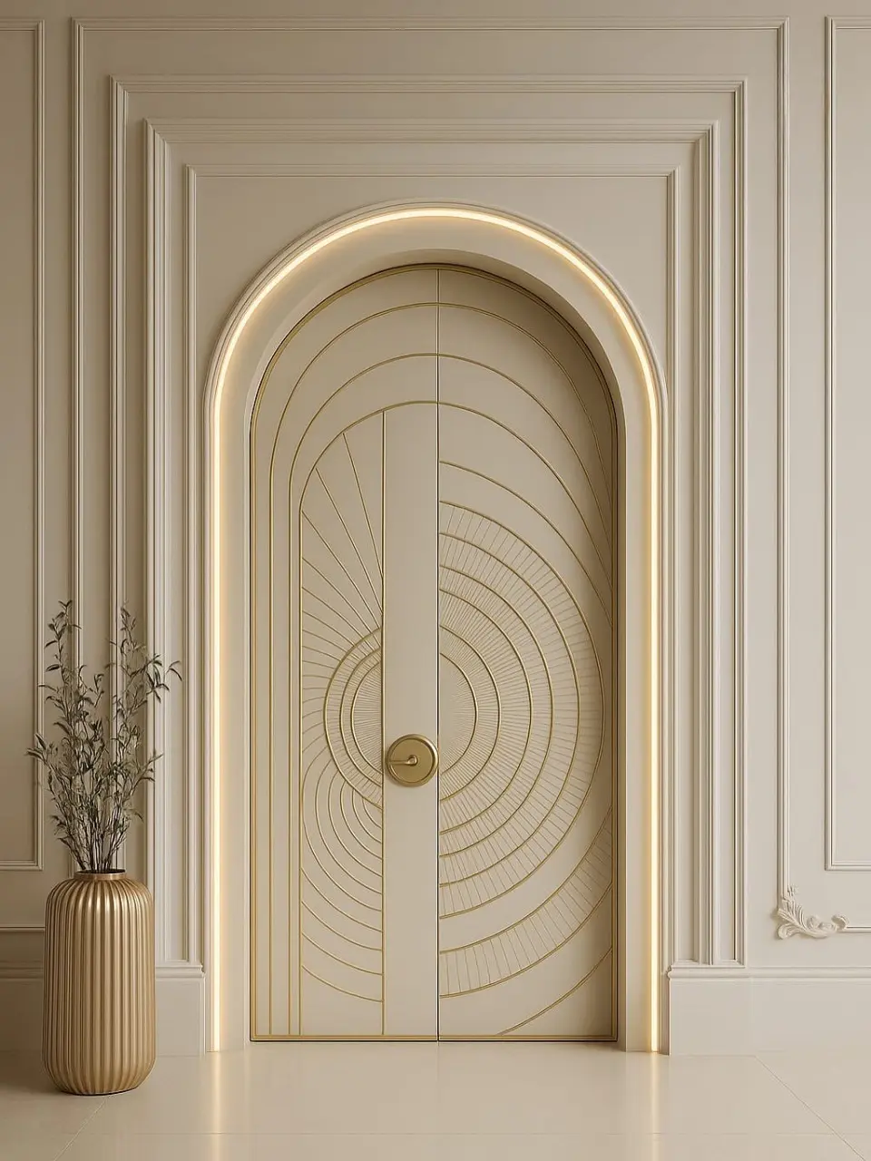 A luxurious, arched double door in a cream color, adorned with intricate gold-toned concentric circles and sunburst patterns, and framed by a lit gold arch.
