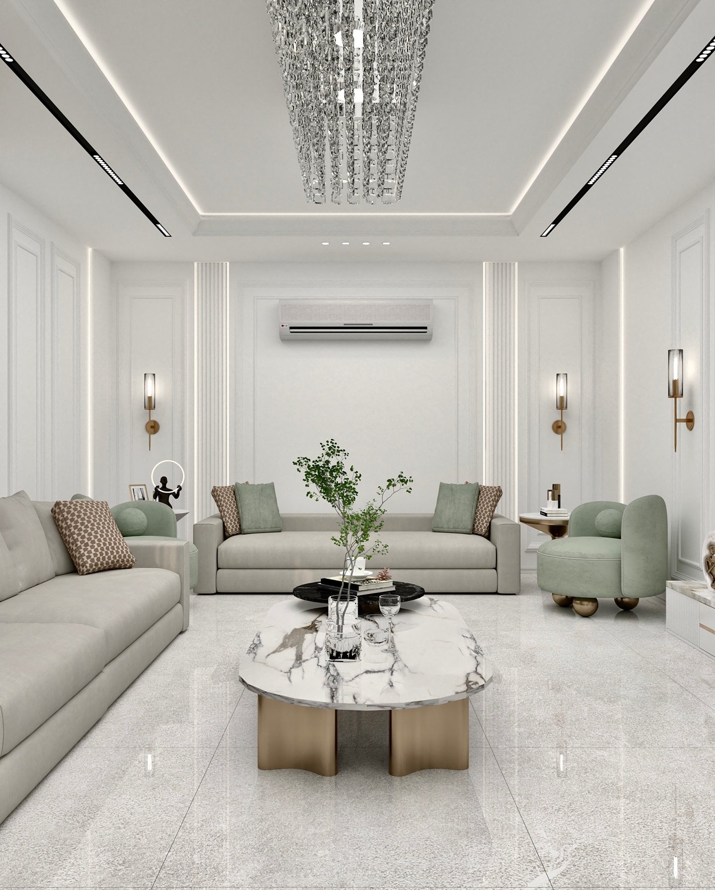 bright and luxurious living room featuring two light gray sofas, a mint green accent chair, a striking crystal chandelier, and a large oval coffee table with a marble top and gold base.