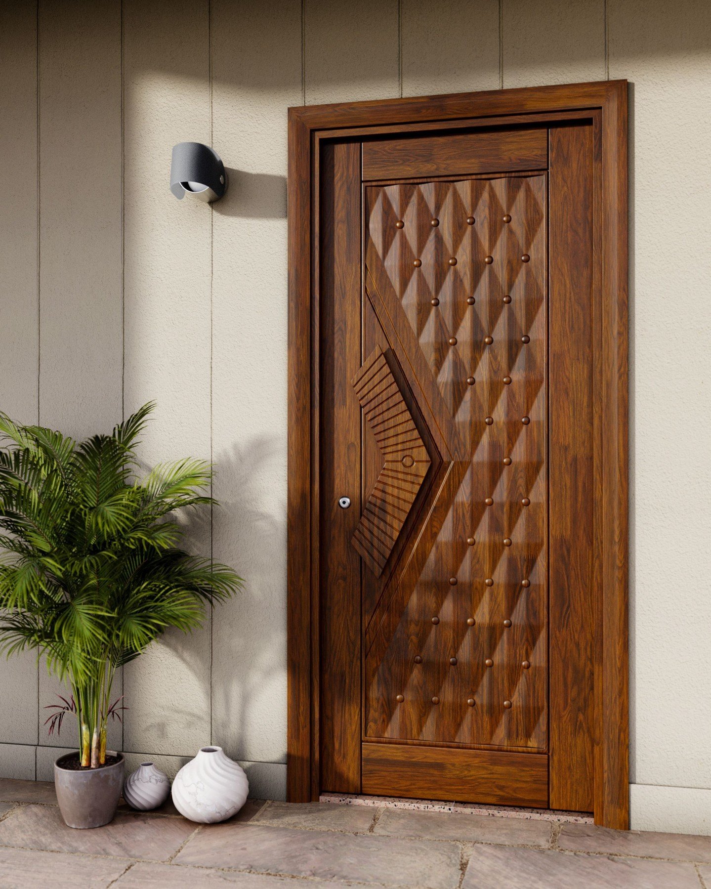A rich, dark wood door featuring a carved geometric design with a studded diamond pattern on the main panel and a complementary abstract pattern on the side.