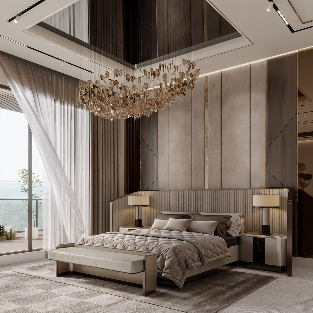 A luxurious master bedroom with a large bed, an elegant quilted duvet, a stunning crystal chandelier, and a mirrored ceiling accent.