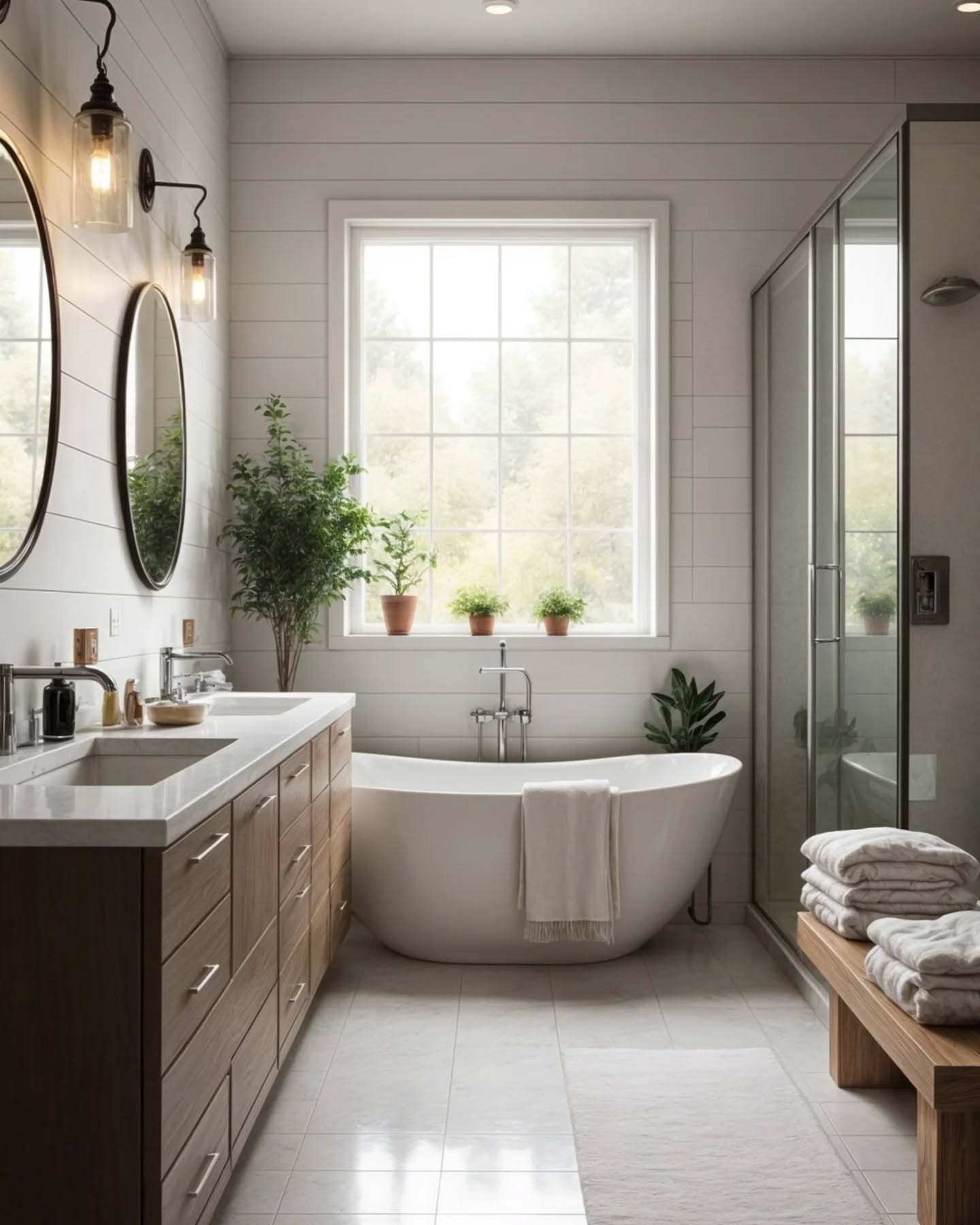 A spacious farmhouse-style bathroom featuring a large window, a freestanding bathtub, a double wood vanity with twin mirrors, and a glass-enclosed shower.