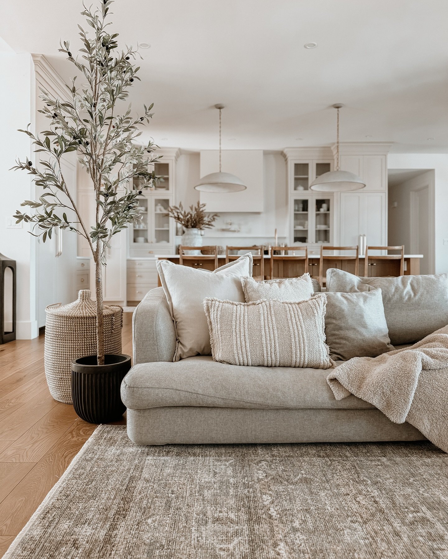 A large, faded area rug with a distressed traditional pattern in muted gray and beige tones, placed on a light wood floor.