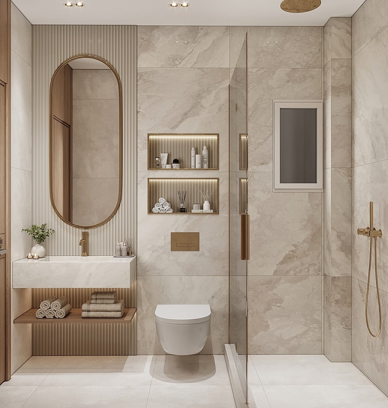 A luxurious small bathroom in neutral tones, featuring a large oval mirror with a gold frame, a floating vanity, and built-in, backlit shower shelves.