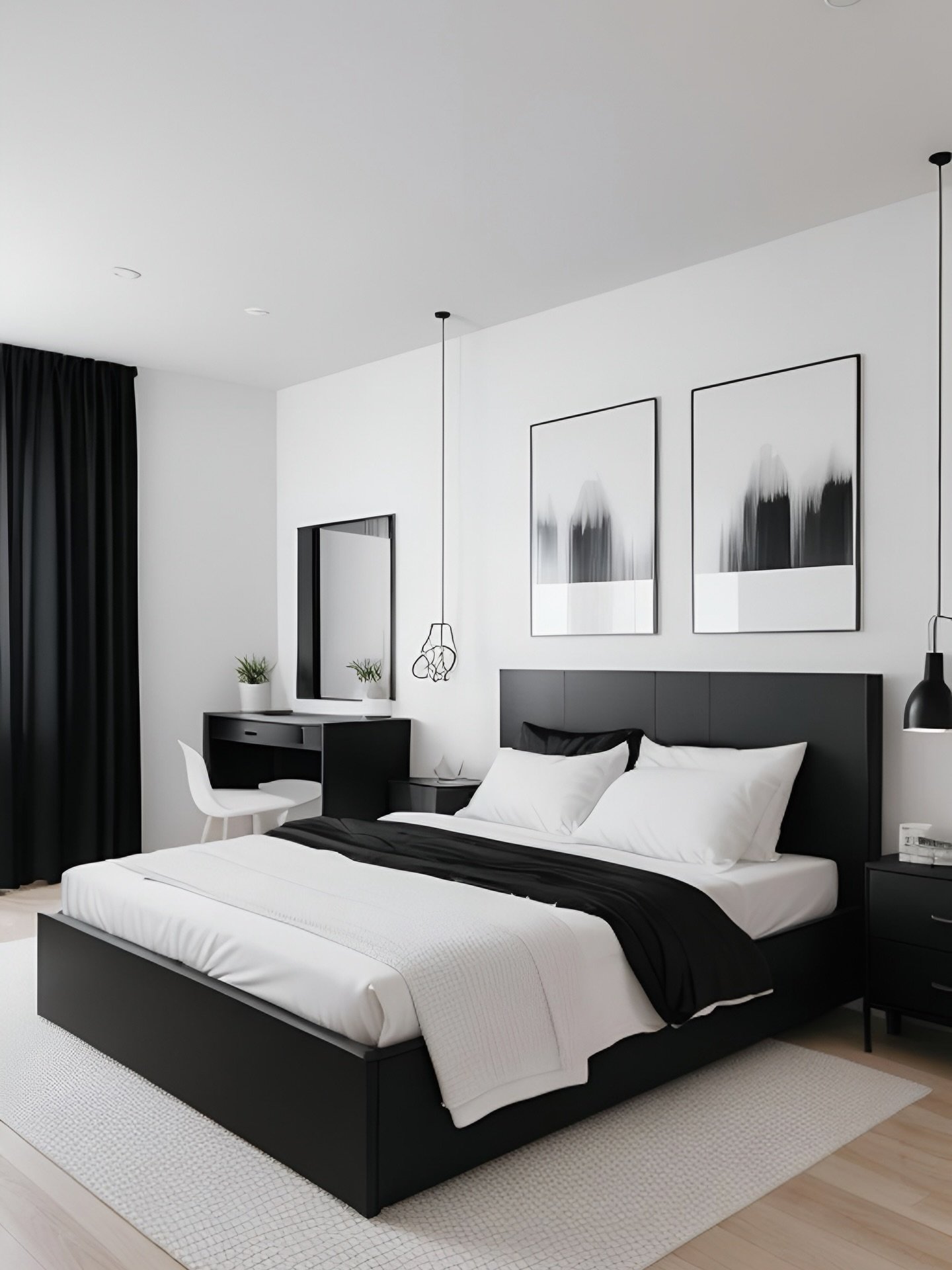 A minimalist bedroom with a black platform bed, a white duvet, and abstract black and white art prints, featuring black nightstands and black curtains.