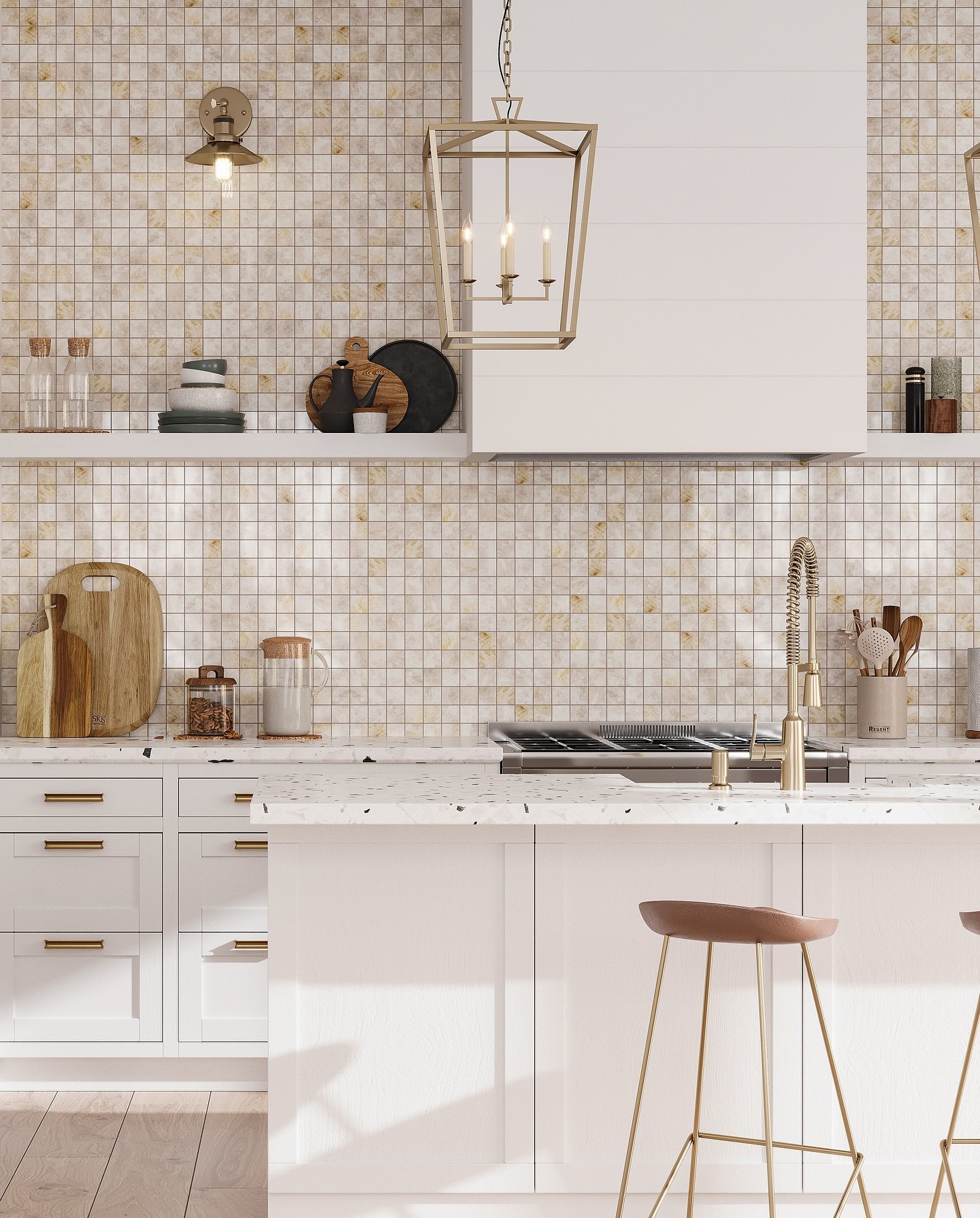 A bright kitchen with a square mosaic tile backsplash in a creamy white and gold-veined pattern, complementing a white countertop and gold fixtures.