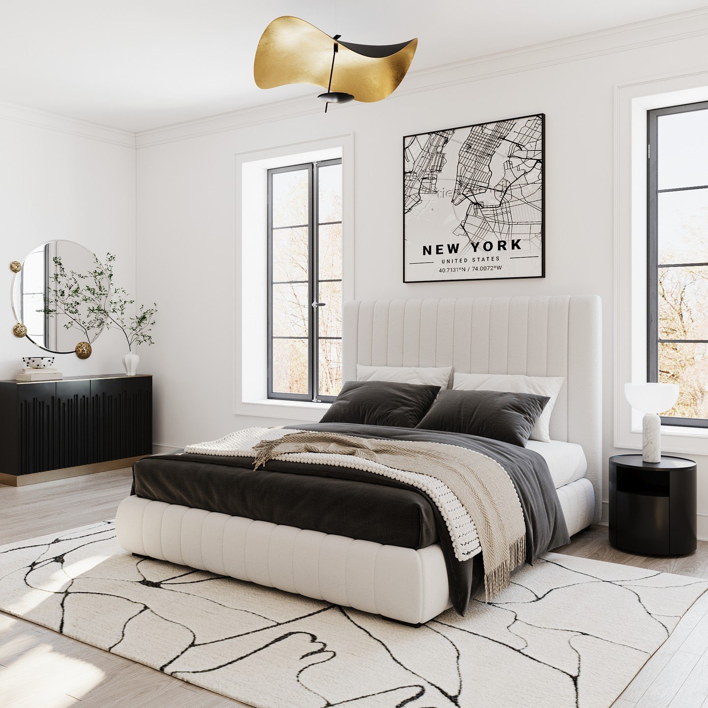 A contemporary black and white bedroom featuring a channel-tufted white bed, a black and white New York map poster, a fluted black dresser, and a gold ceiling fixture.