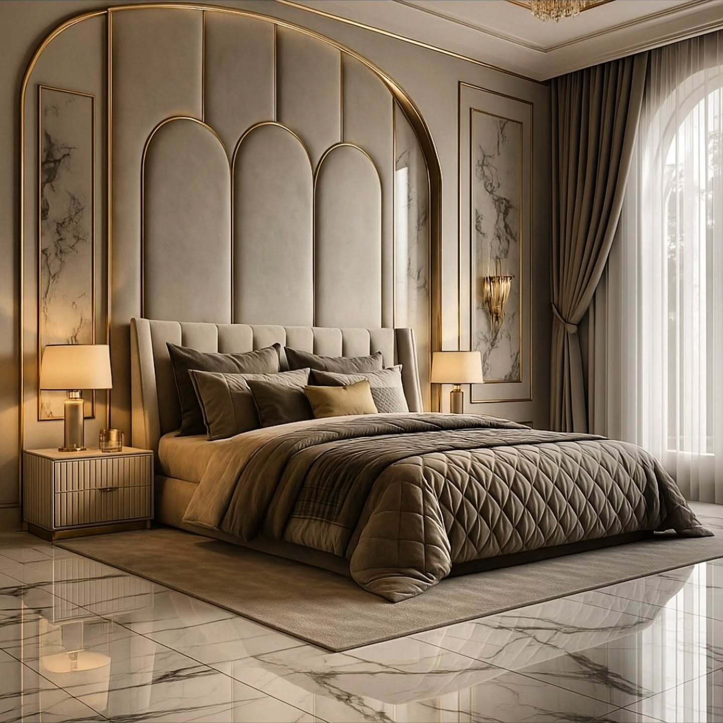 A luxurious master bedroom with an oversized, arched headboard in tan velvet, complemented by marble and gold accents, a large bed with quilted bedding, and a dramatic arched window with flowing curtains.