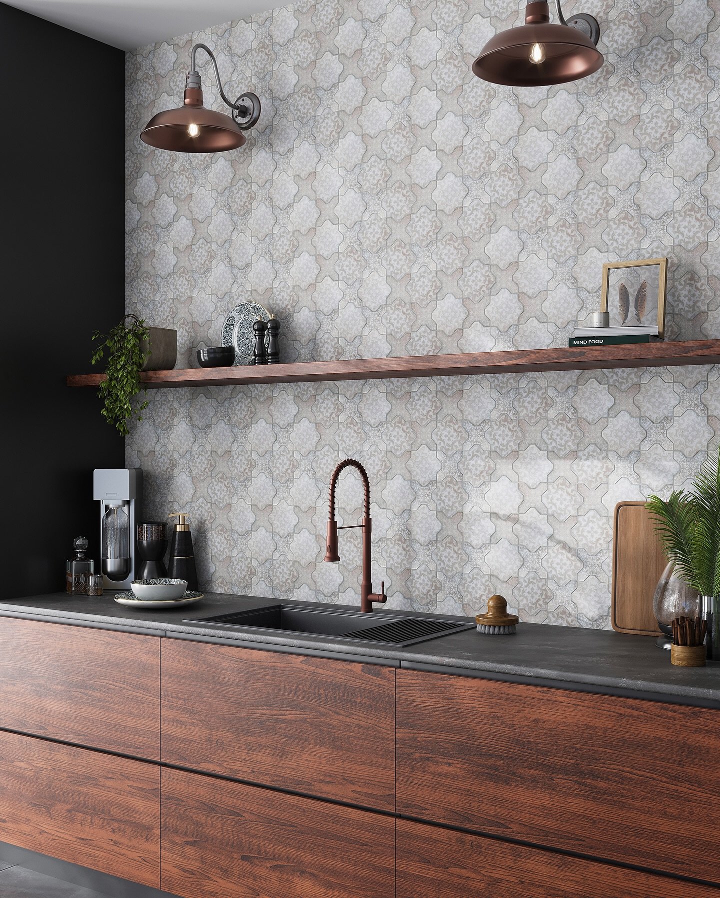 A modern kitchen with a Moroccan-inspired tile backsplash in a neutral gray and white pattern, contrasted by dark wood cabinets and industrial-style lighting.
