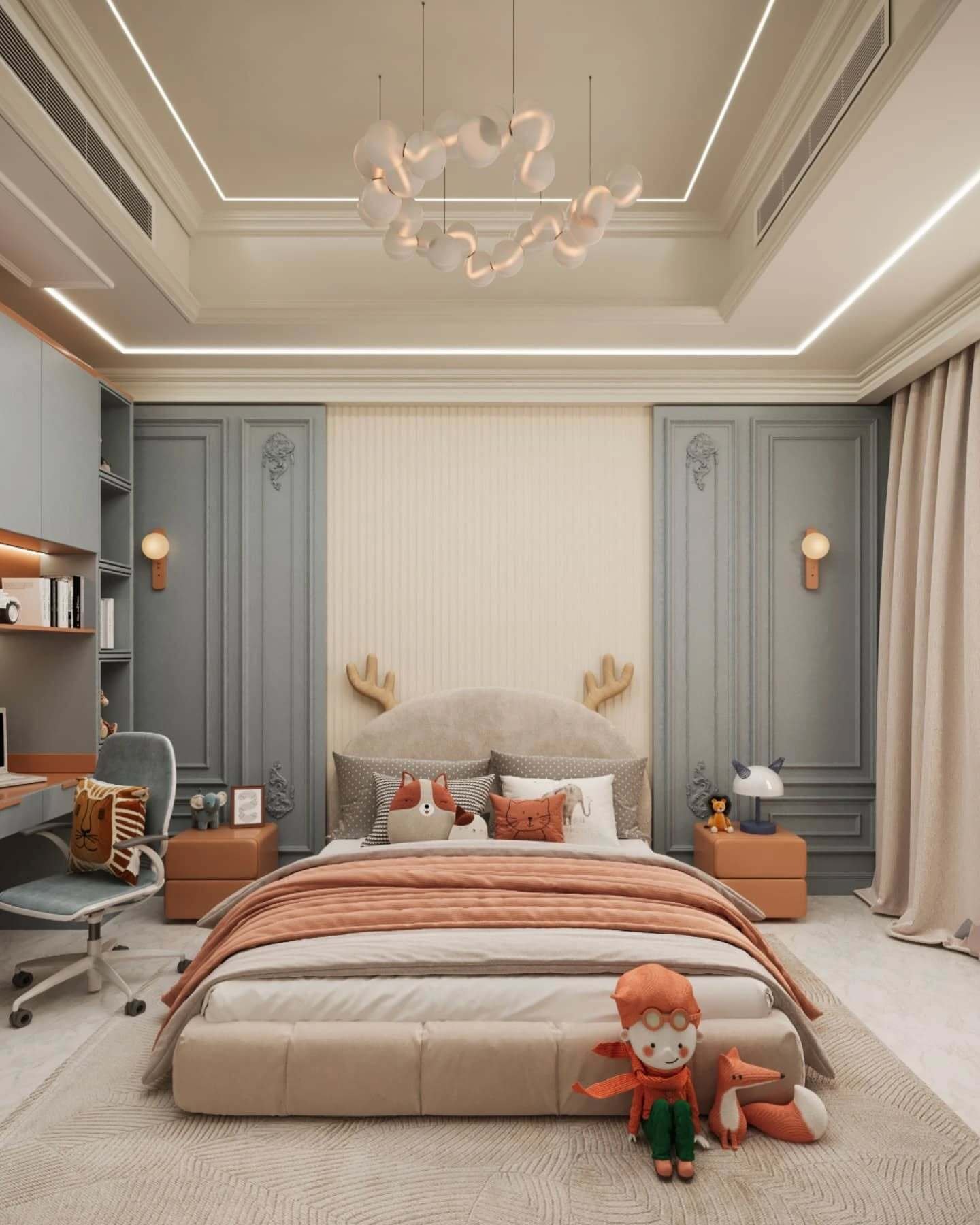 A luxurious teen bedroom with a neutral and dusty blue color scheme, featuring a unique deer antler headboard and modern lighting.