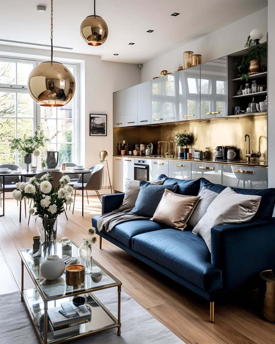 A chic, open-concept living and kitchen area. A vibrant blue velvet sofa sits in the foreground with a glass coffee table. Behind it, the kitchen features light grey cabinets with a stunning gold backsplash and hardware. A dining table is visible near a large window in the background.