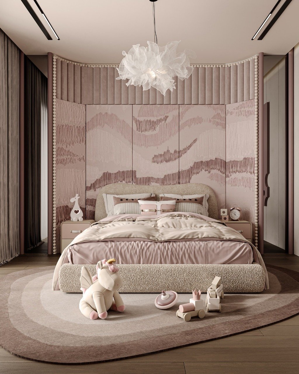 A luxurious and whimsical girl's bedroom featuring a blush pink padded headboard with abstract design, a fluffy unicorn toy, and a tiered circular rug.
