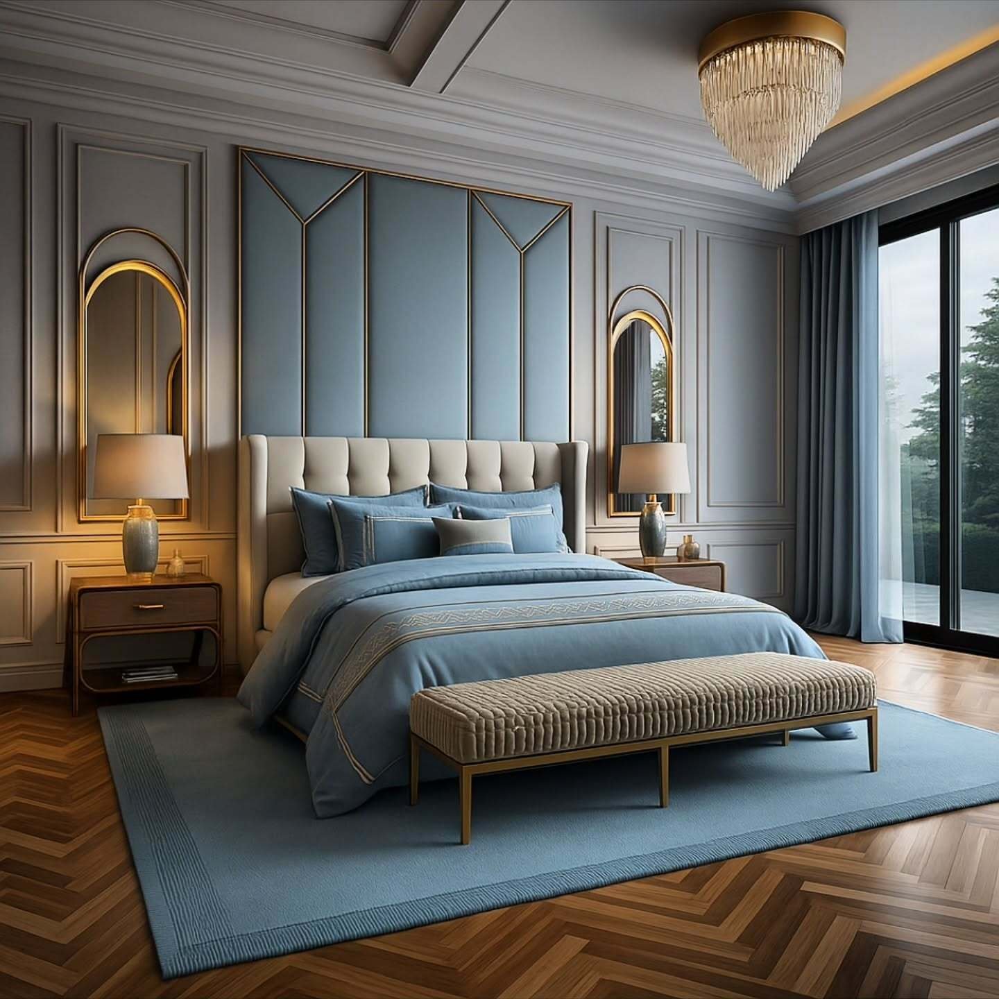 A modern master bedroom with a soft blue and beige color palette, a striking upholstered headboard with geometric gold lines, and a beautiful chevron-patterned wood floor.