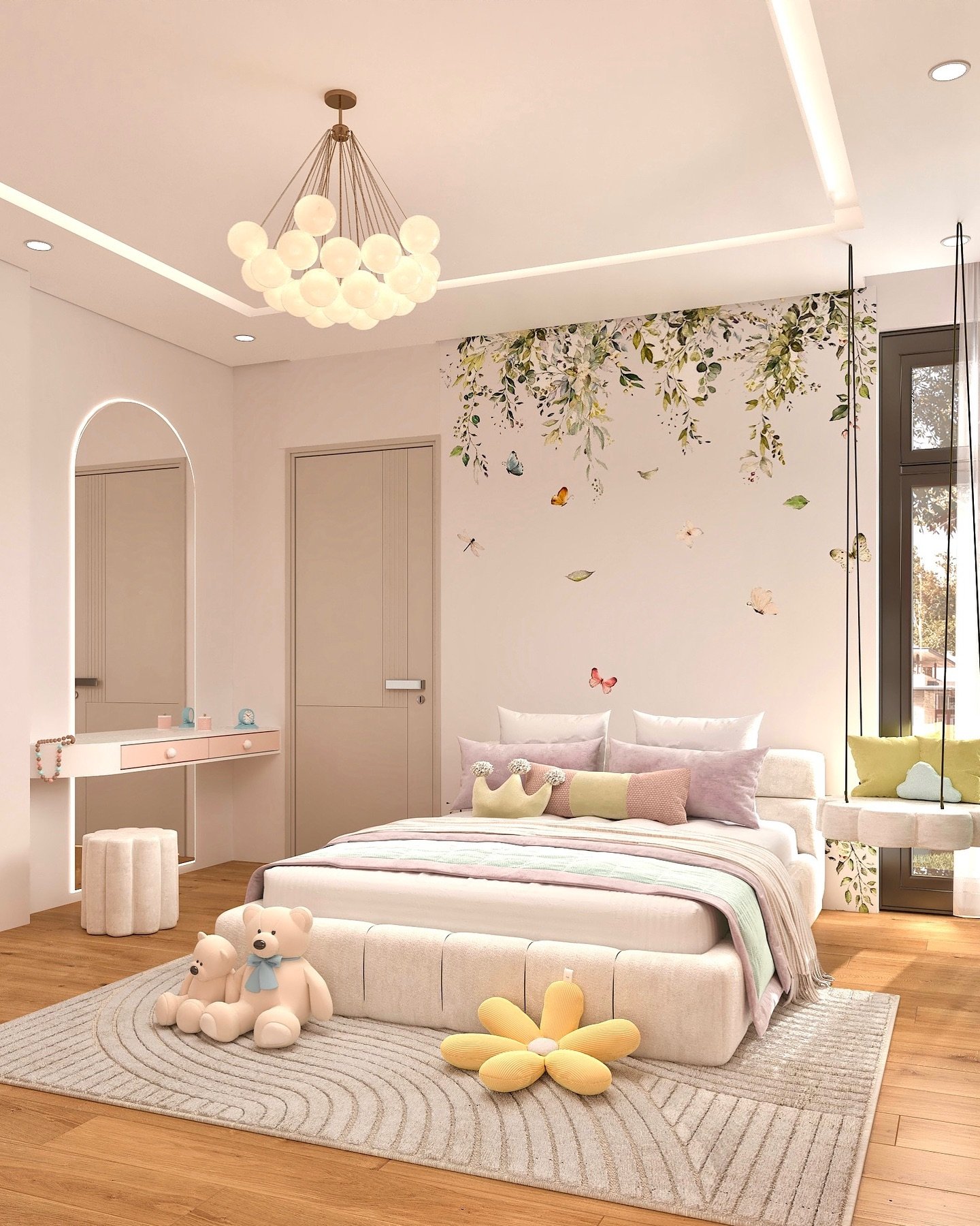 A bright and airy teen girl's bedroom with a nature theme, featuring a mural of hanging vines, a makeup vanity, and a hanging swing chair.