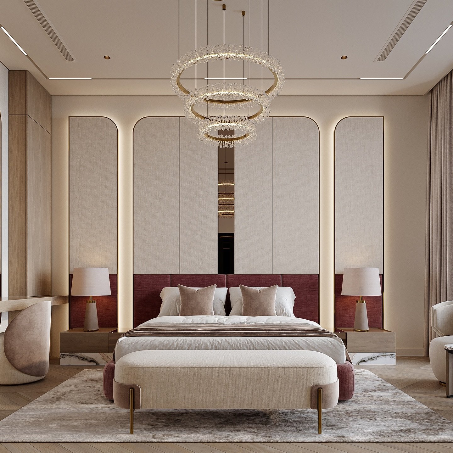 A modern and sophisticated master bedroom with a large bed, a deep wine-colored headboard, and a feature wall with three backlit arched panels.