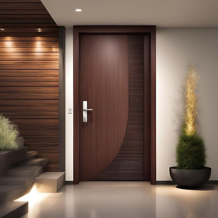A dark brown, contemporary bedroom door featuring a large, curved panel of fine horizontal grooves, with a long, vertical metal handle.