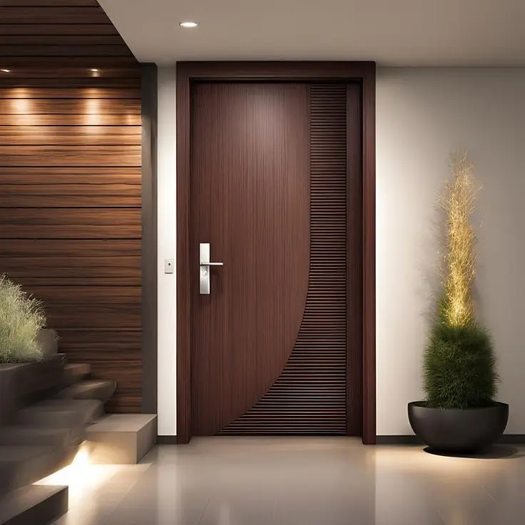 A dark brown, contemporary bedroom door featuring a large, curved panel of fine horizontal grooves, with a long, vertical metal handle.