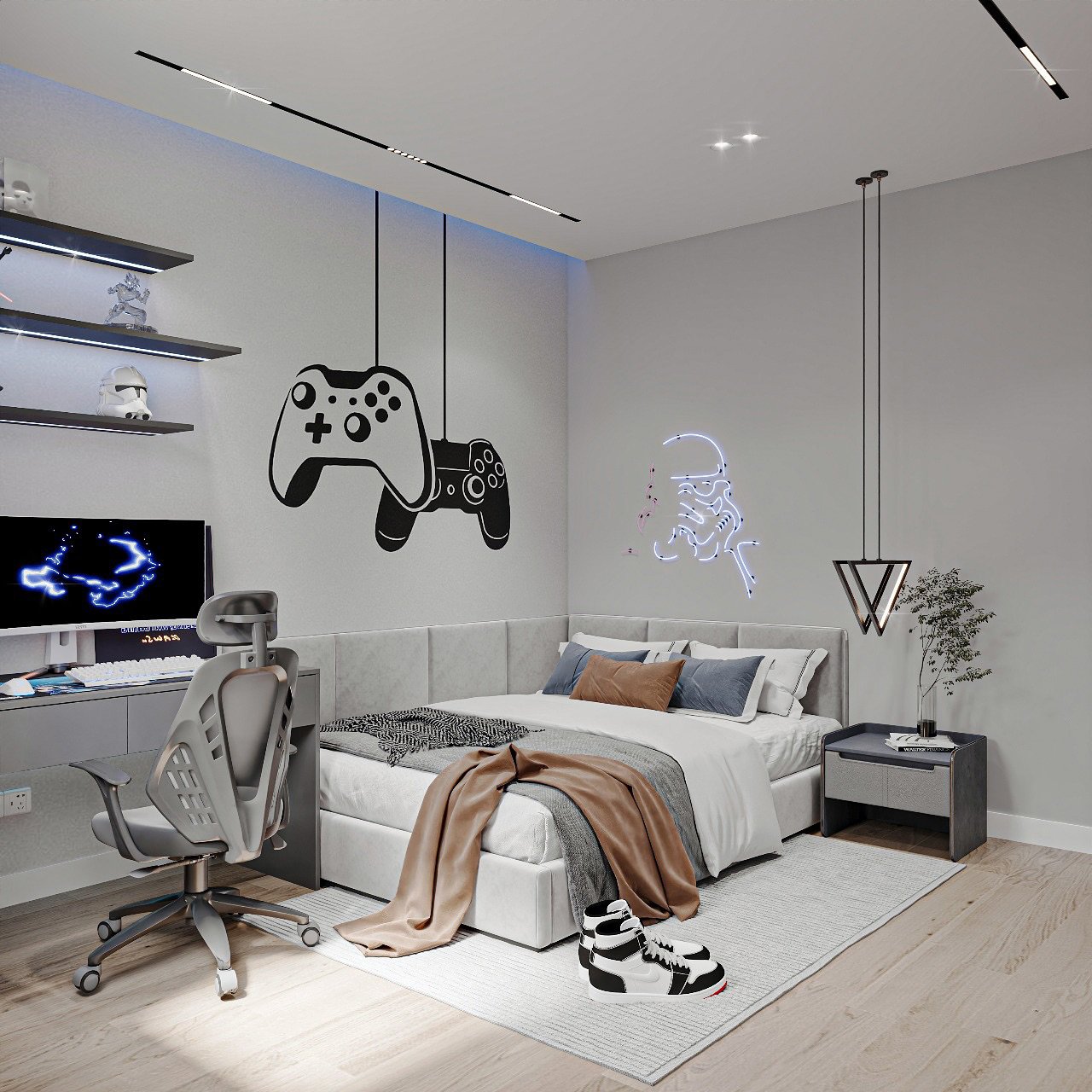 A modern bedroom with a gaming theme, featuring a white bed, a dedicated computer desk setup, and Star Wars-themed decor.