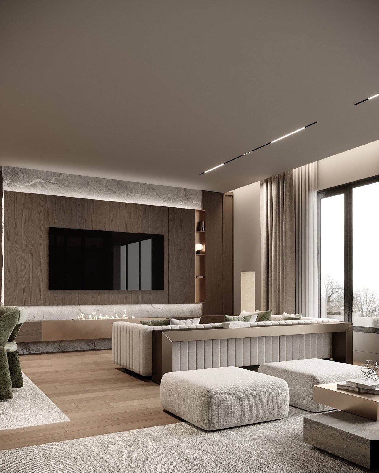A modern and refined living room featuring a linear gas fireplace beneath a large TV, set into a wall with dark wood paneling and marble accents.