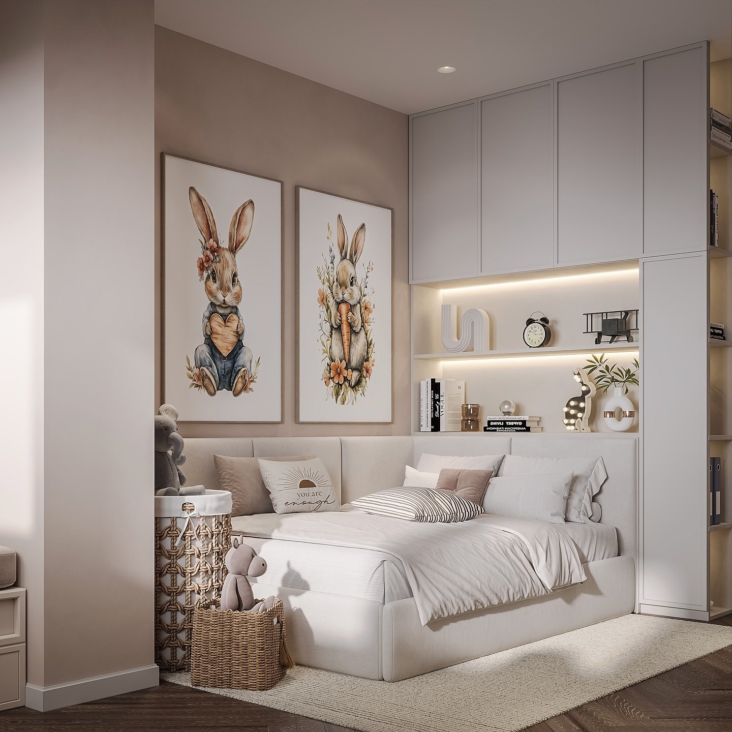 A modern and minimalist girl's bedroom in neutral tones with large watercolor bunny prints above the bed and a built-in shelving unit.