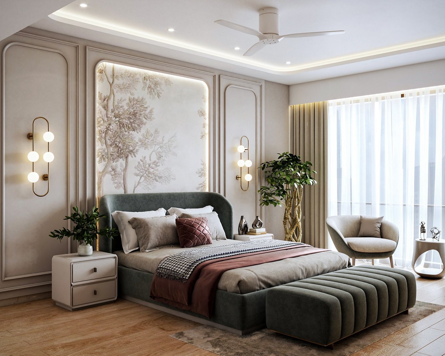 A modern master bedroom with a soft color palette, a bed with a curved gray headboard, a mural of a serene tree, and elegant wall sconces.