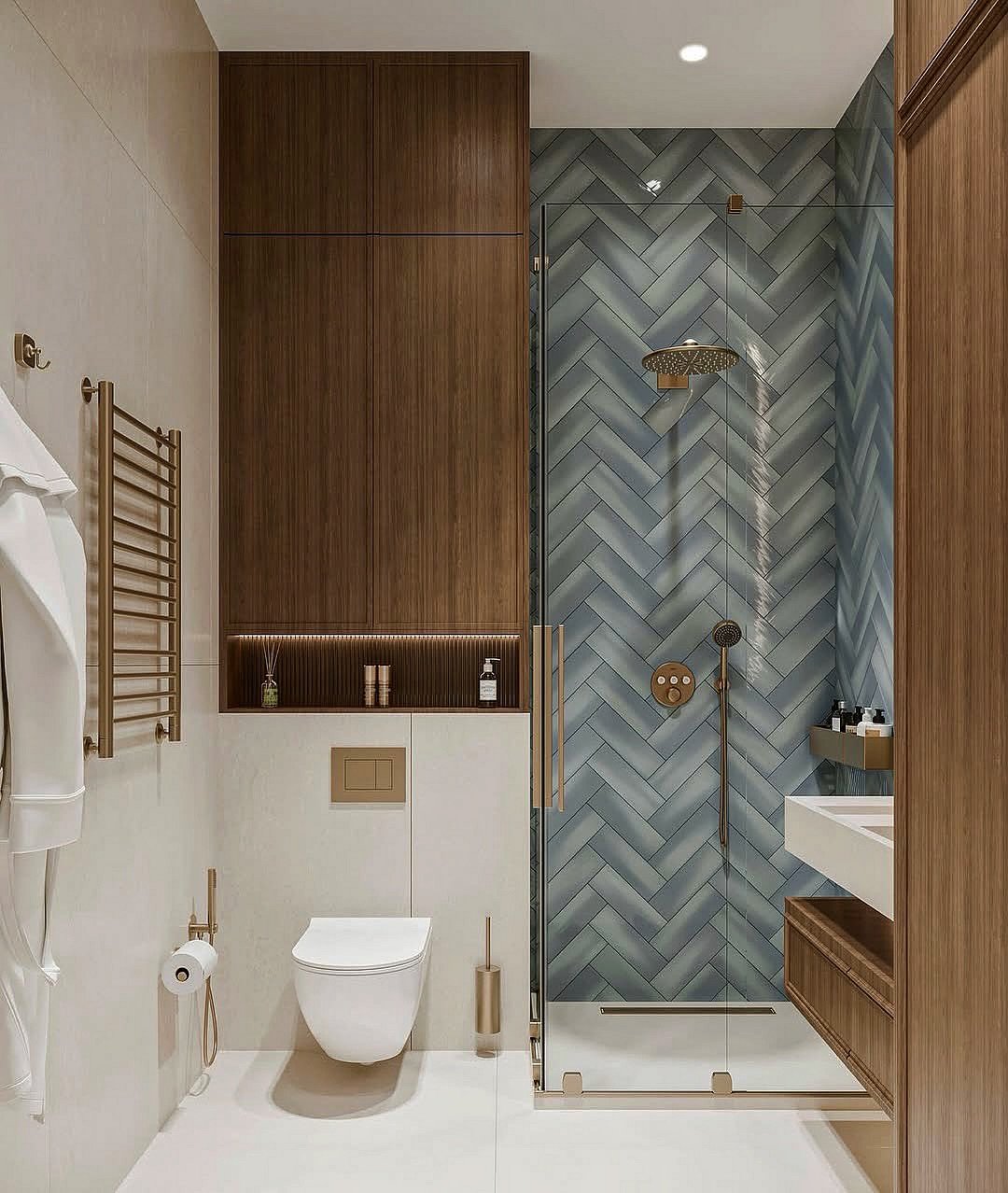 A small, modern bathroom featuring rich wood cabinetry, a herringbone-patterned blue shower tile wall, and a floating toilet.