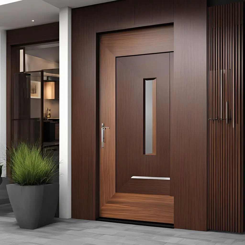 A dark brown, modern wooden door with a large, rectangular framed panel and a vertical frosted glass insert in the center.