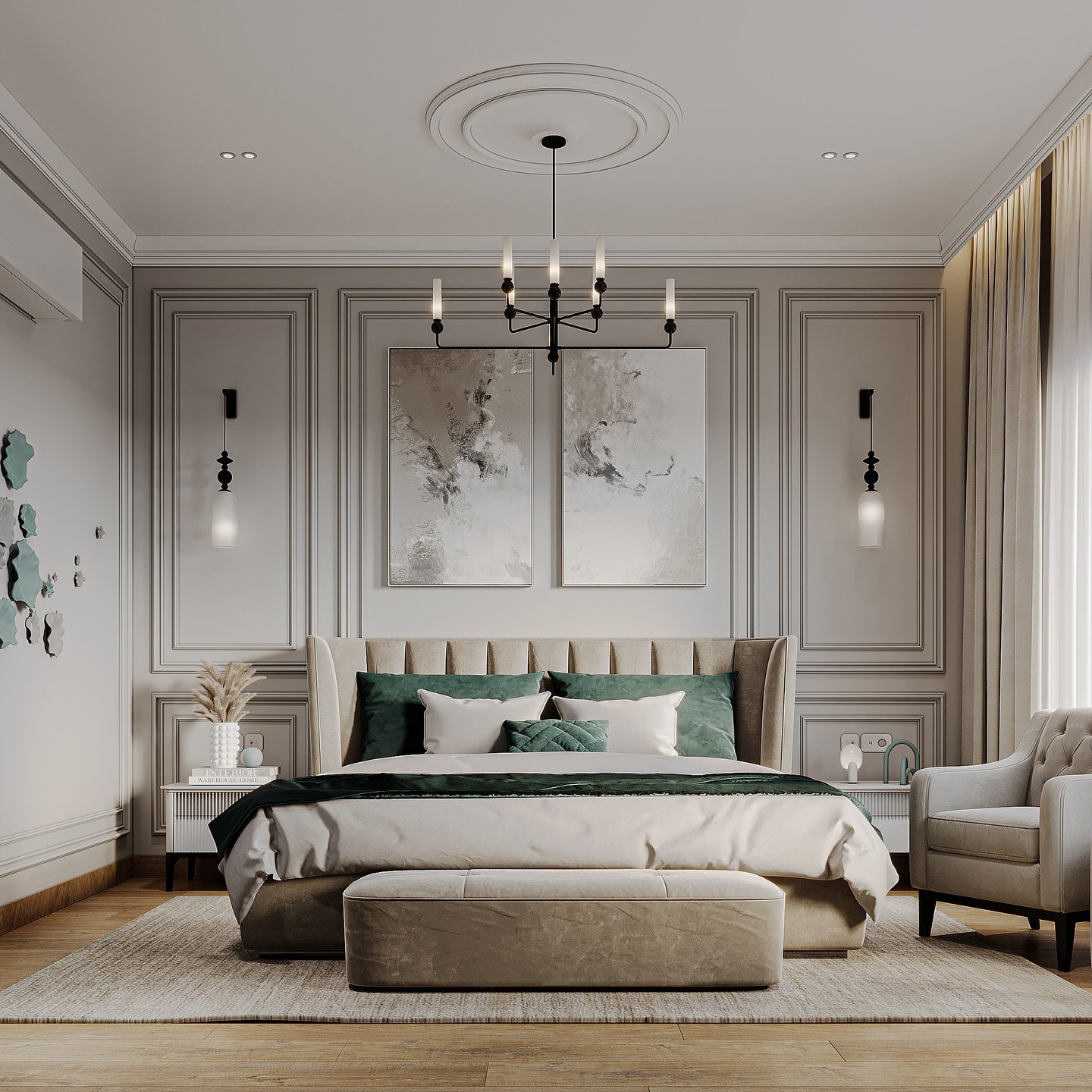 A classic and elegant master bedroom with intricate wainscoting on the walls, a large bed with a tufted headboard, and a pair of abstract art pieces above the bed.