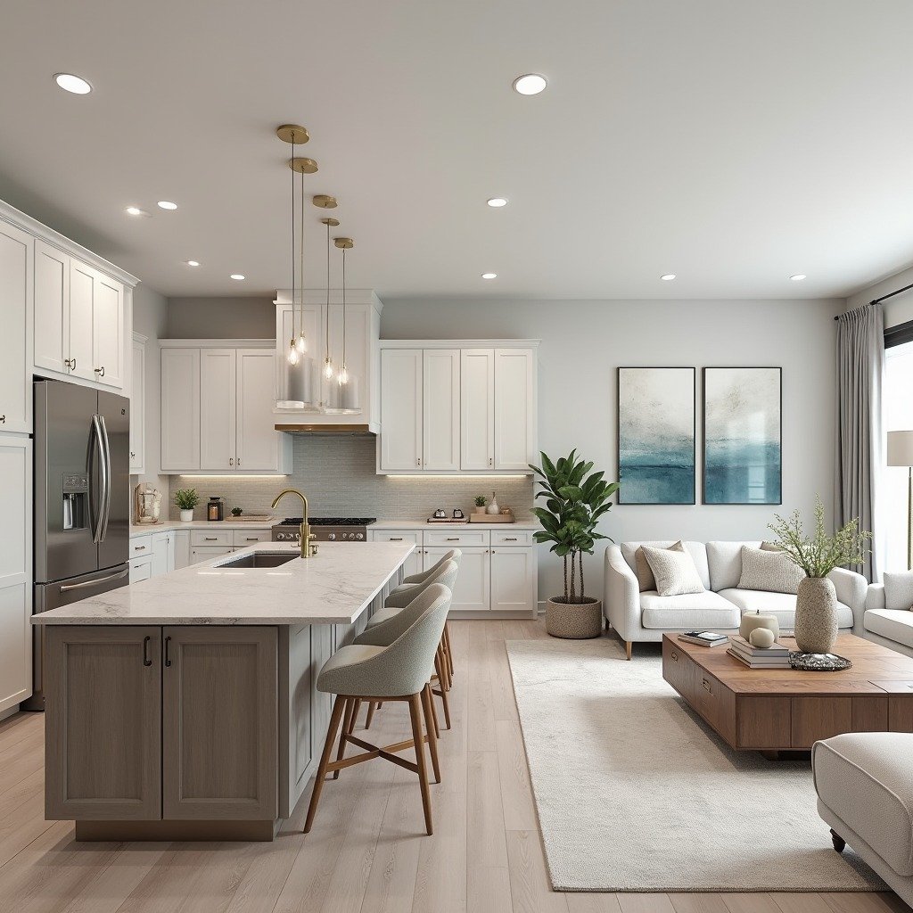 A bright and airy open-concept kitchen and living room. The kitchen features white cabinetry and a grey island with a white marble top and three bar stools. The living area has a white sectional sofa, a large wood coffee table, and two serene abstract paintings on the wall.