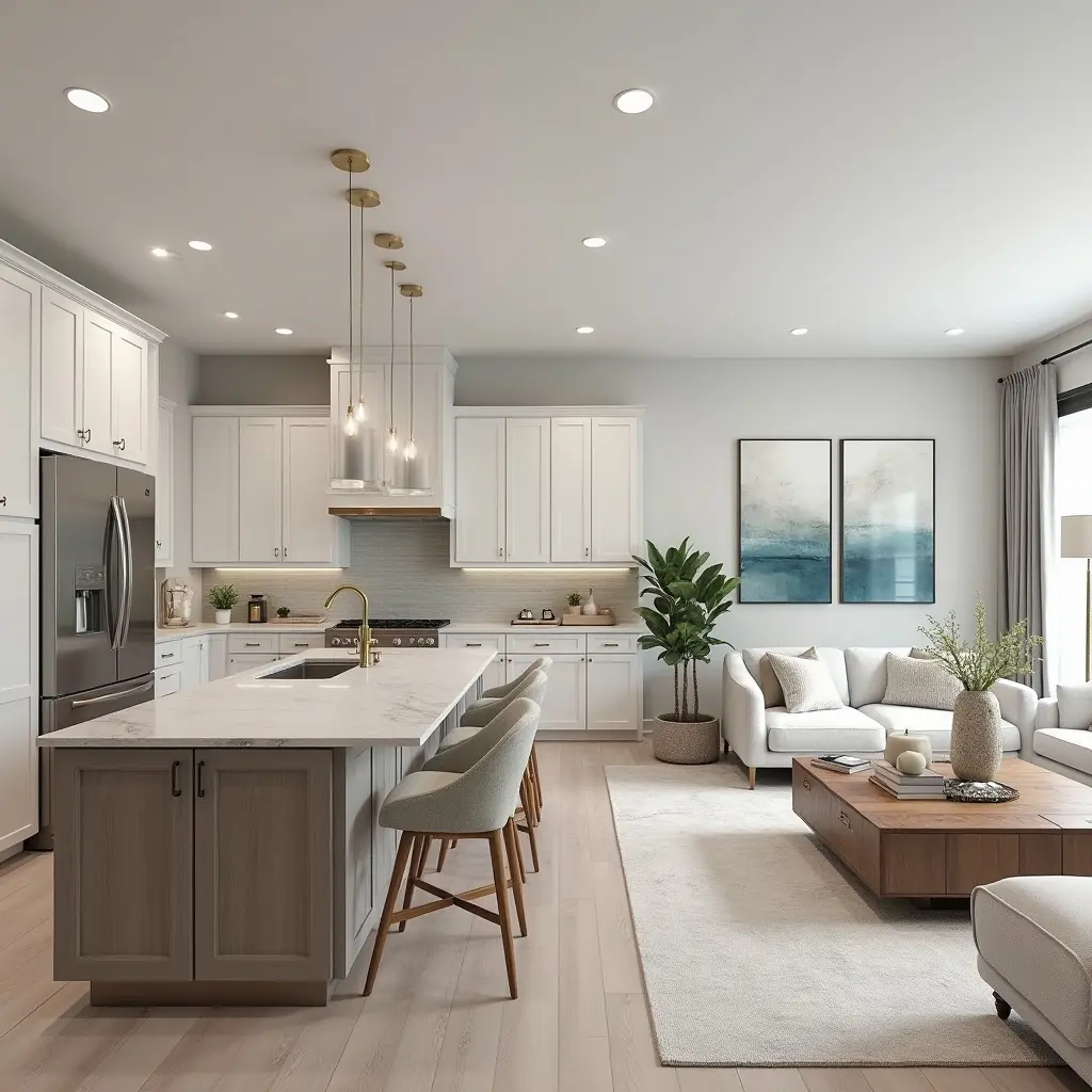 A bright and airy open-concept kitchen and living room. The kitchen features white cabinetry and a grey island with a white marble top and three bar stools. The living area has a white sectional sofa, a large wood coffee table, and two serene abstract paintings on the wall.