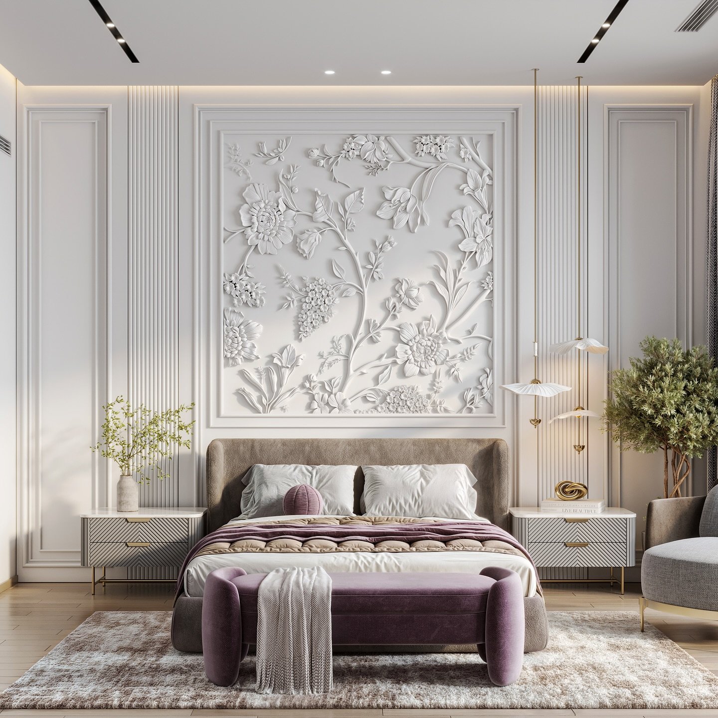  A bright and elegant master bedroom with a large bed, a stunning three-dimensional floral mural on the wall, and minimalist furniture.