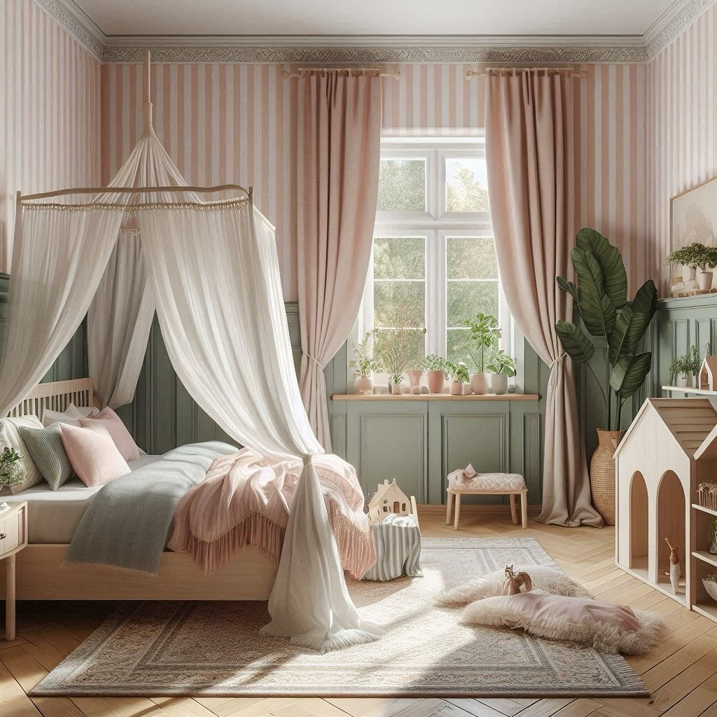A whimsical girl's bedroom with light pink and white striped walls, sage green wainscoting, and a bed with a dreamy canopy.