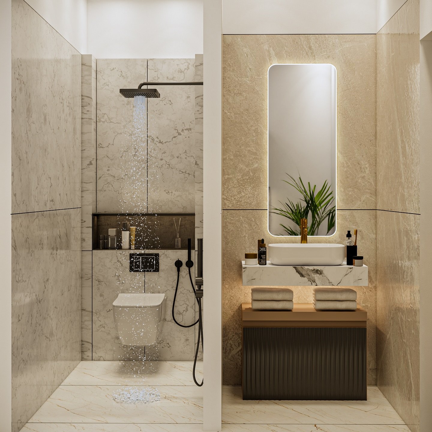 A small, bright bathroom with two distinct sections separated by a wall. One side features a shower and a floating toilet, while the other has a vessel sink on a floating marble shelf with a backlit mirror.