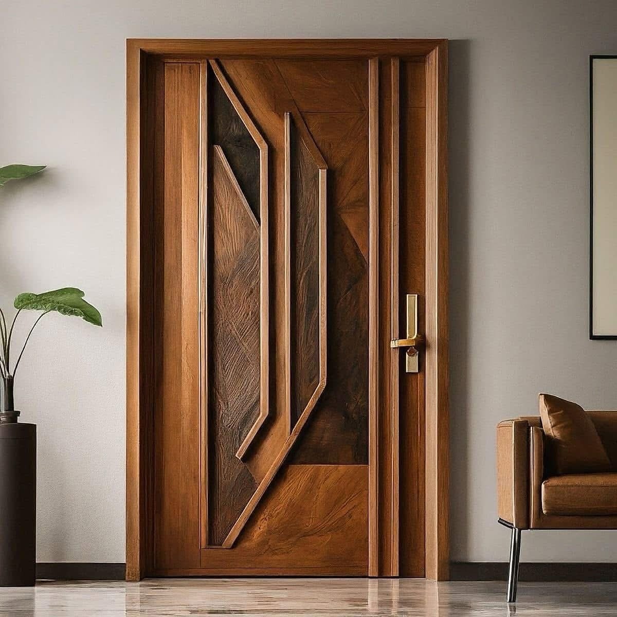 A dark brown, modern wooden door with an abstract geometric design featuring raised and recessed panels in various shapes and textures.
