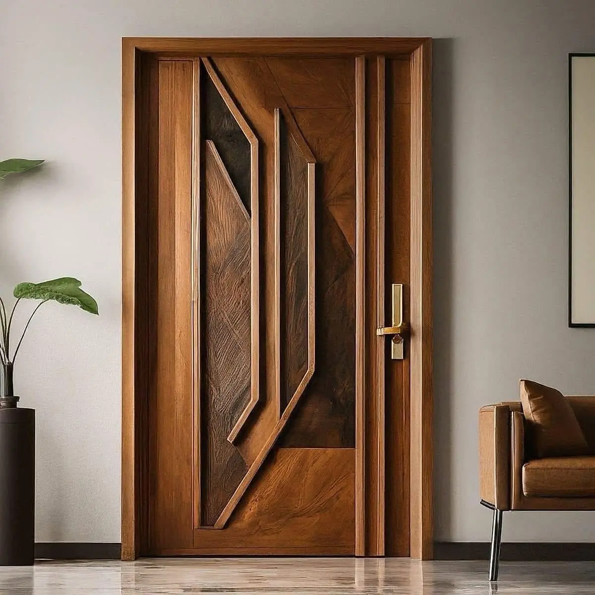 A dark brown, modern wooden door with an abstract geometric design featuring raised and recessed panels in various shapes and textures.