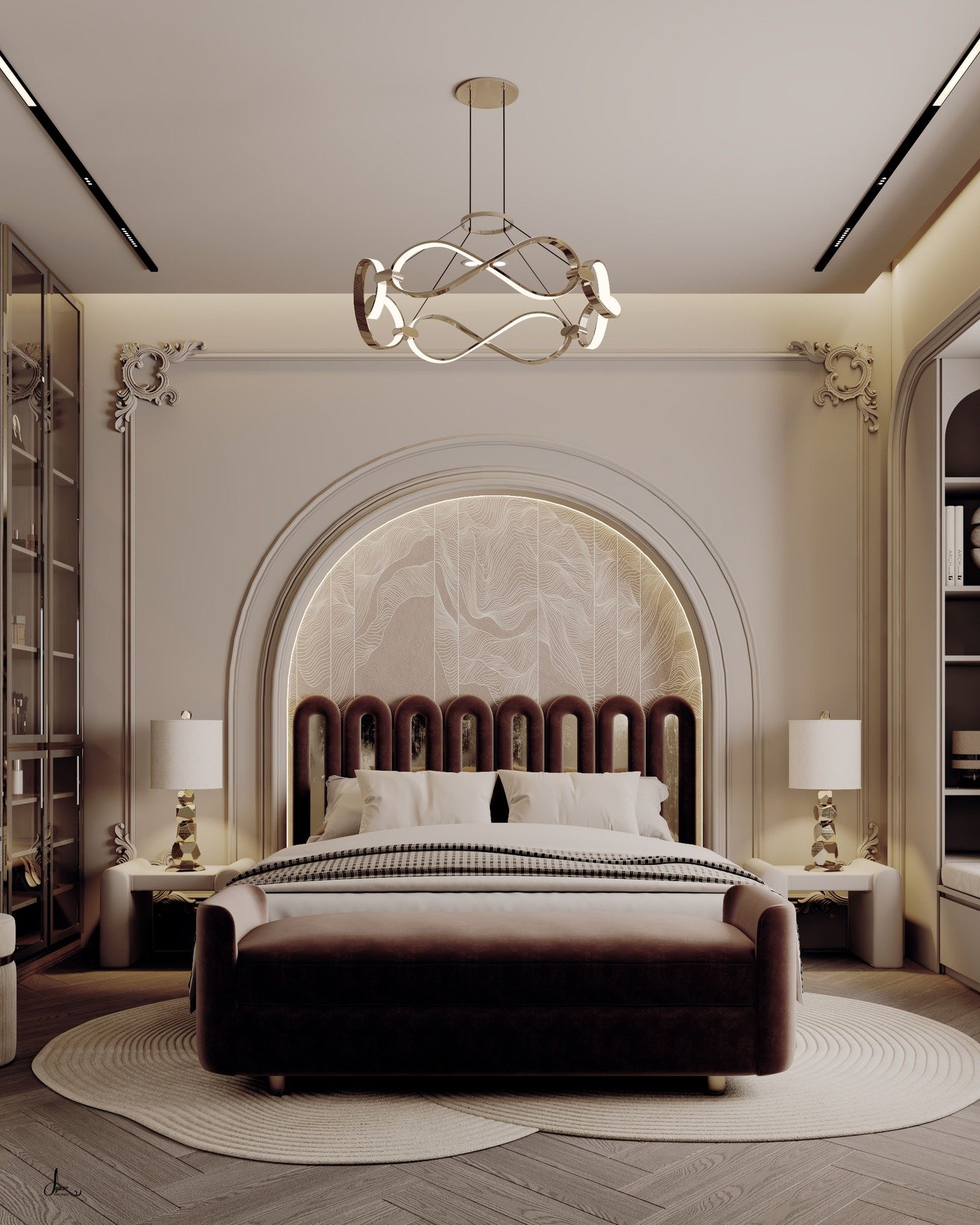 A modern master bedroom with a dramatic arched feature wall, a unique golden chandelier, and a curved velvet headboard.