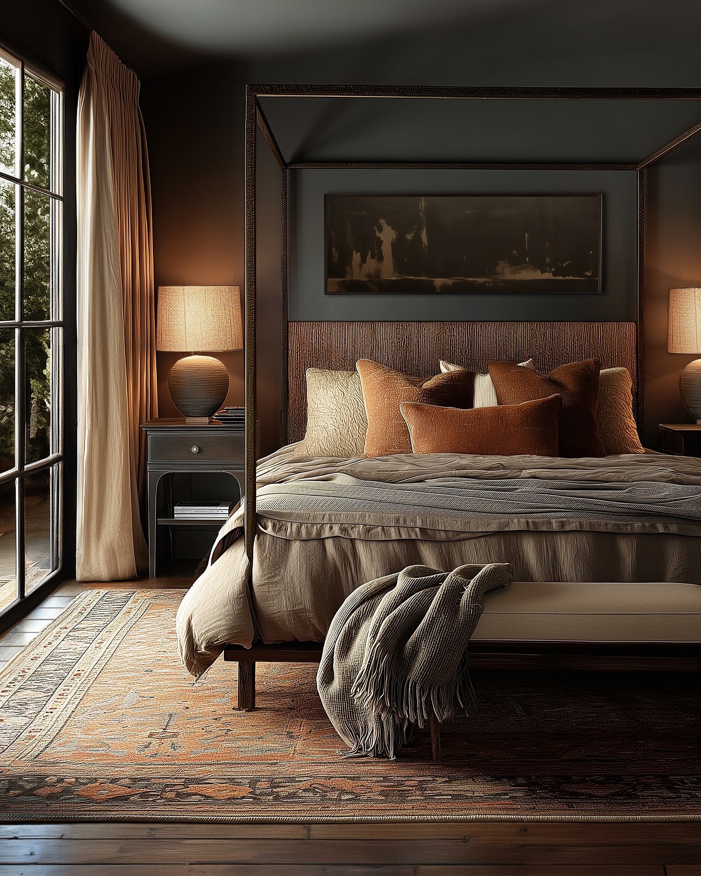 A bedroom with a four-poster bed, dark walls, and layered bedding in brown and orange tones.