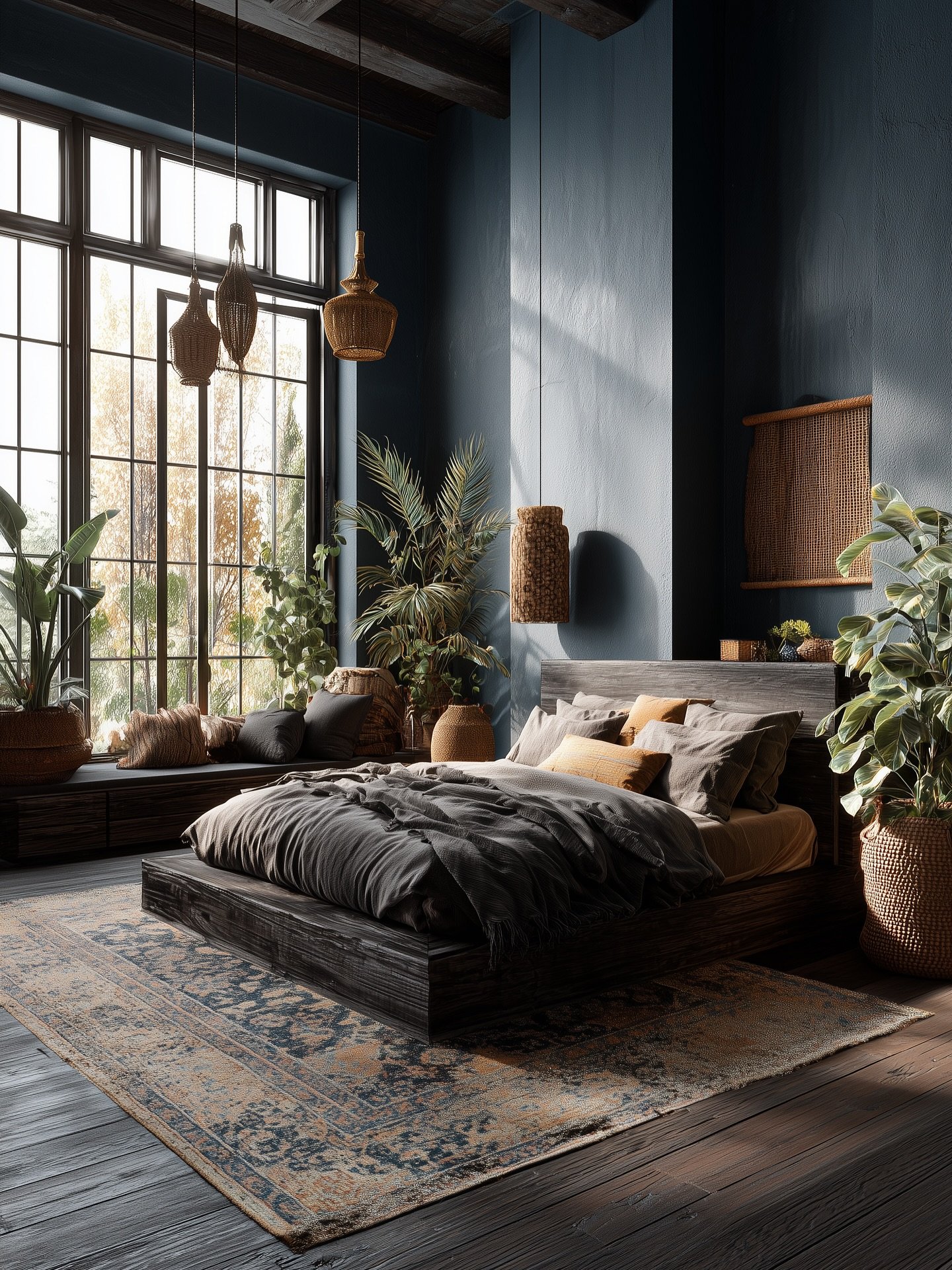 A dark and moody bohemian bedroom with a low-slung wooden bed, large windows, various hanging woven light fixtures, and several potted plants.