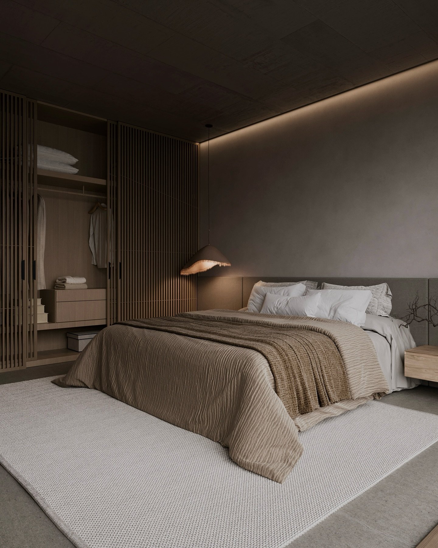 A minimalist bedroom combining Japanese and Scandinavian design with a dark color palette, a bed with a fabric headboard featuring a subtle tree branch design, and a louvered wooden closet.