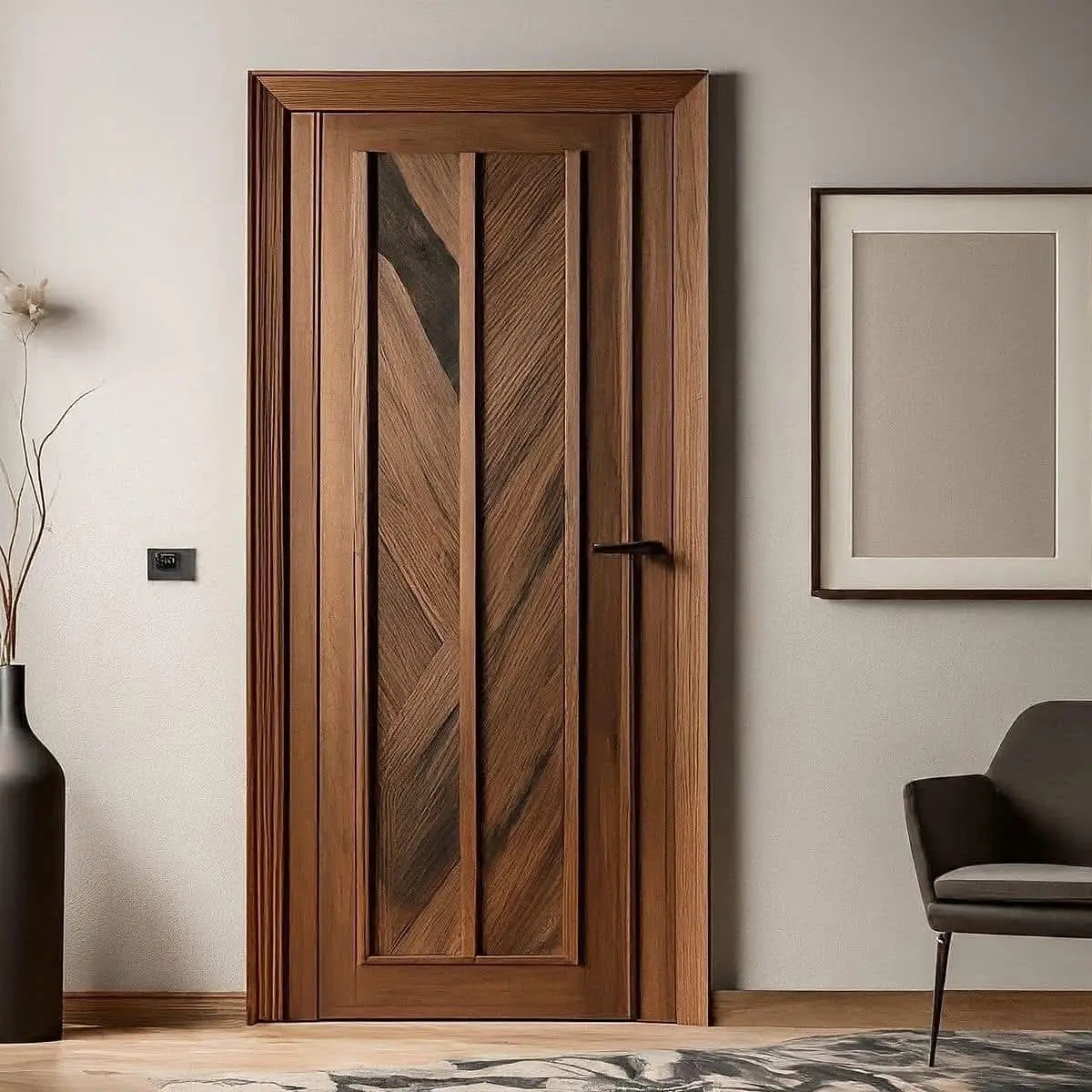 A close-up of a modern wooden bedroom door with a chevron pattern and a dark, sleek handle, framed by simple wood casing.