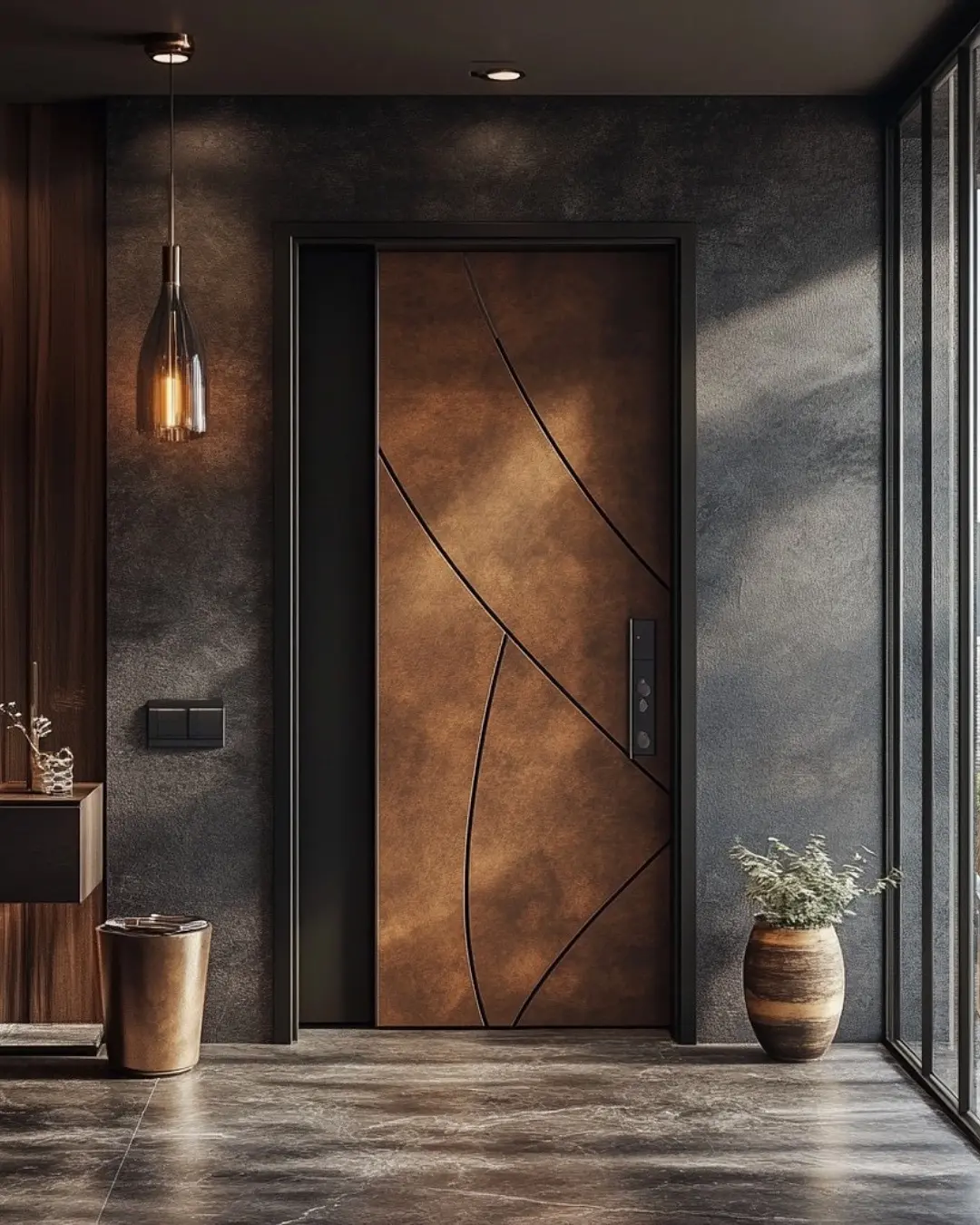 A close-up of a rustic, industrial-style bedroom door with abstract curved lines etched into a metallic bronze surface, bordered by a black frame.