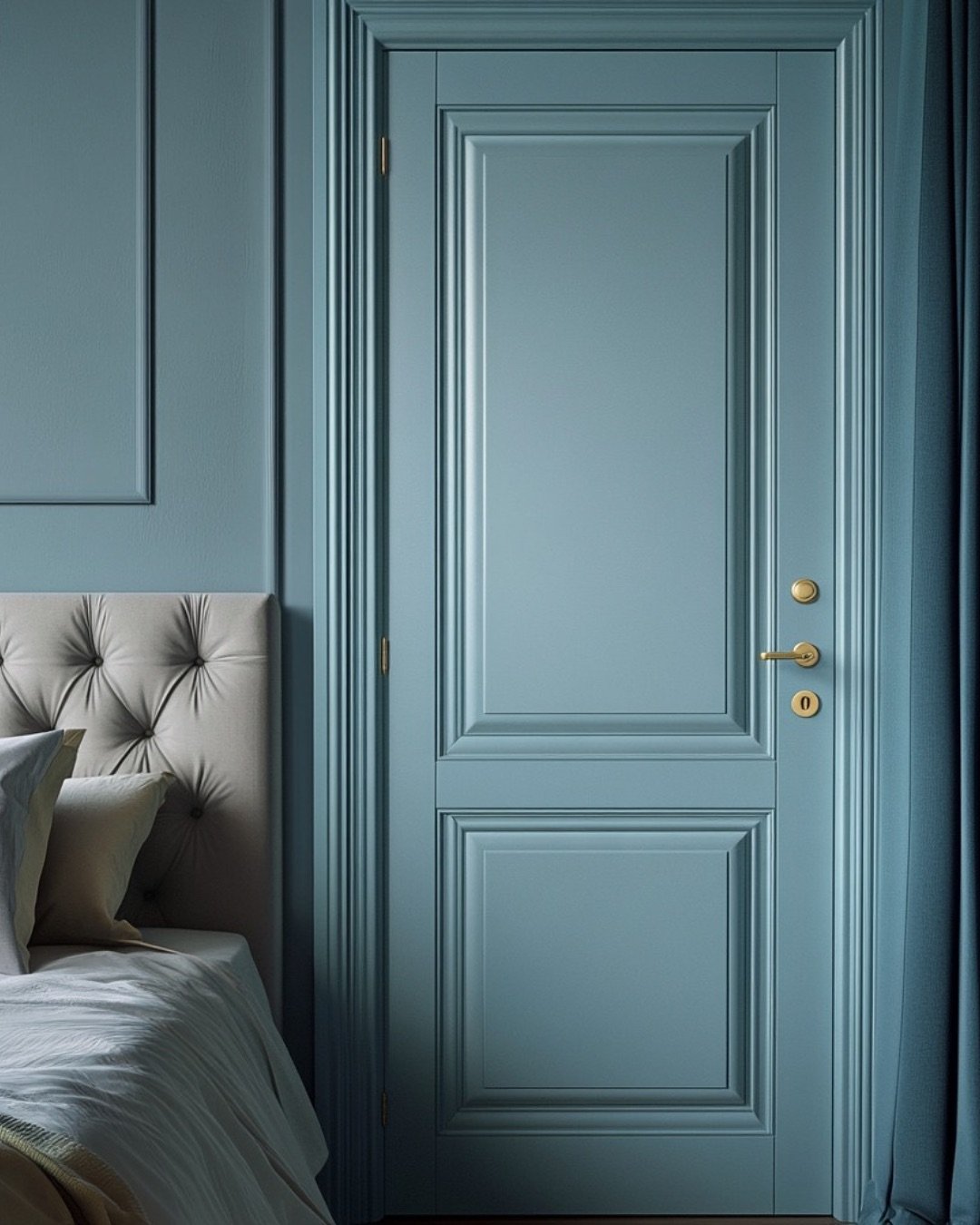 A close-up of a classic, paneled bedroom door painted in a soft, dusty blue, with elegant brass hardware.