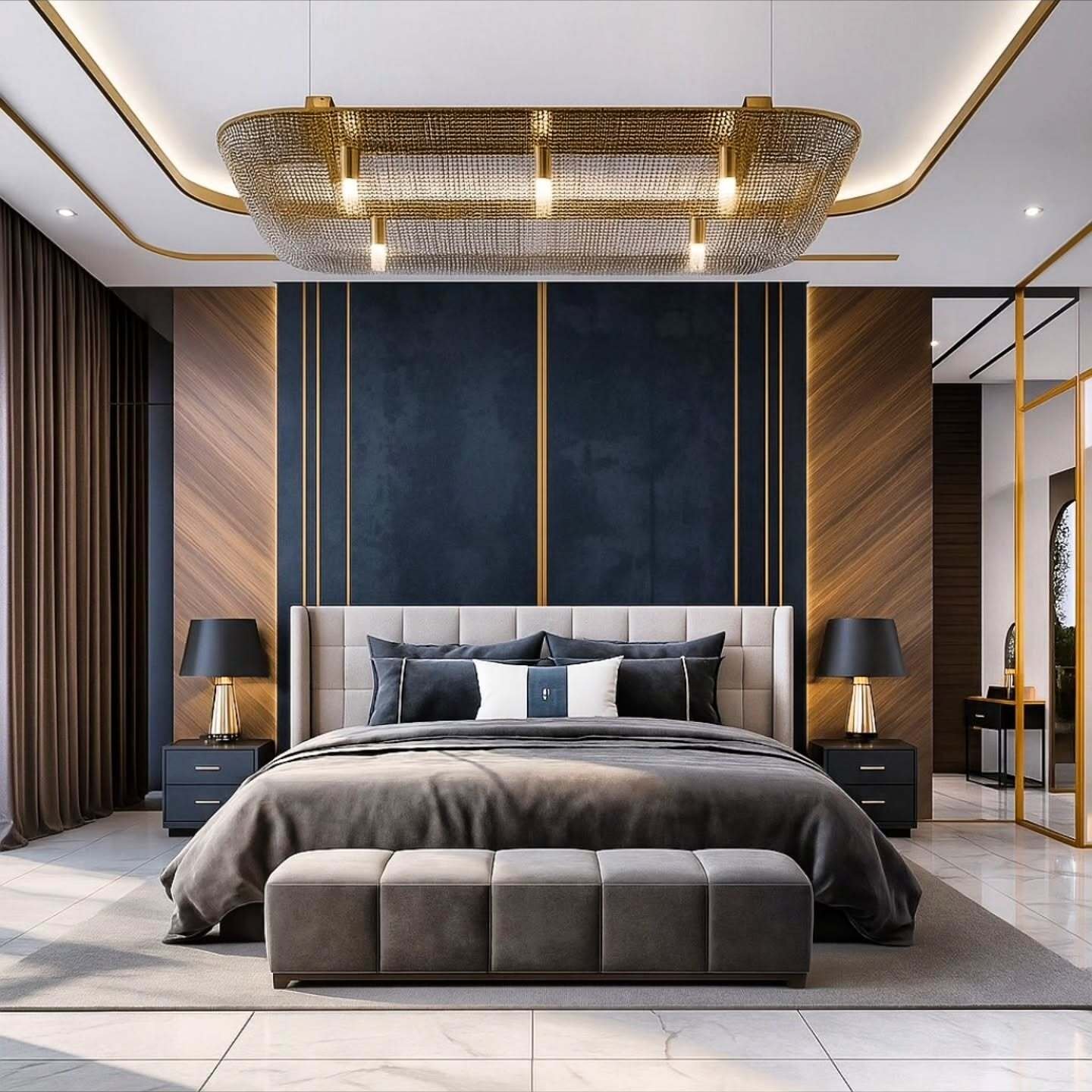 A luxurious bedroom with a navy and wood paneled feature wall accented by gold trim. A large, ornate gold and glass chandelier hangs over a plush bed with a tufted bench at the foot.