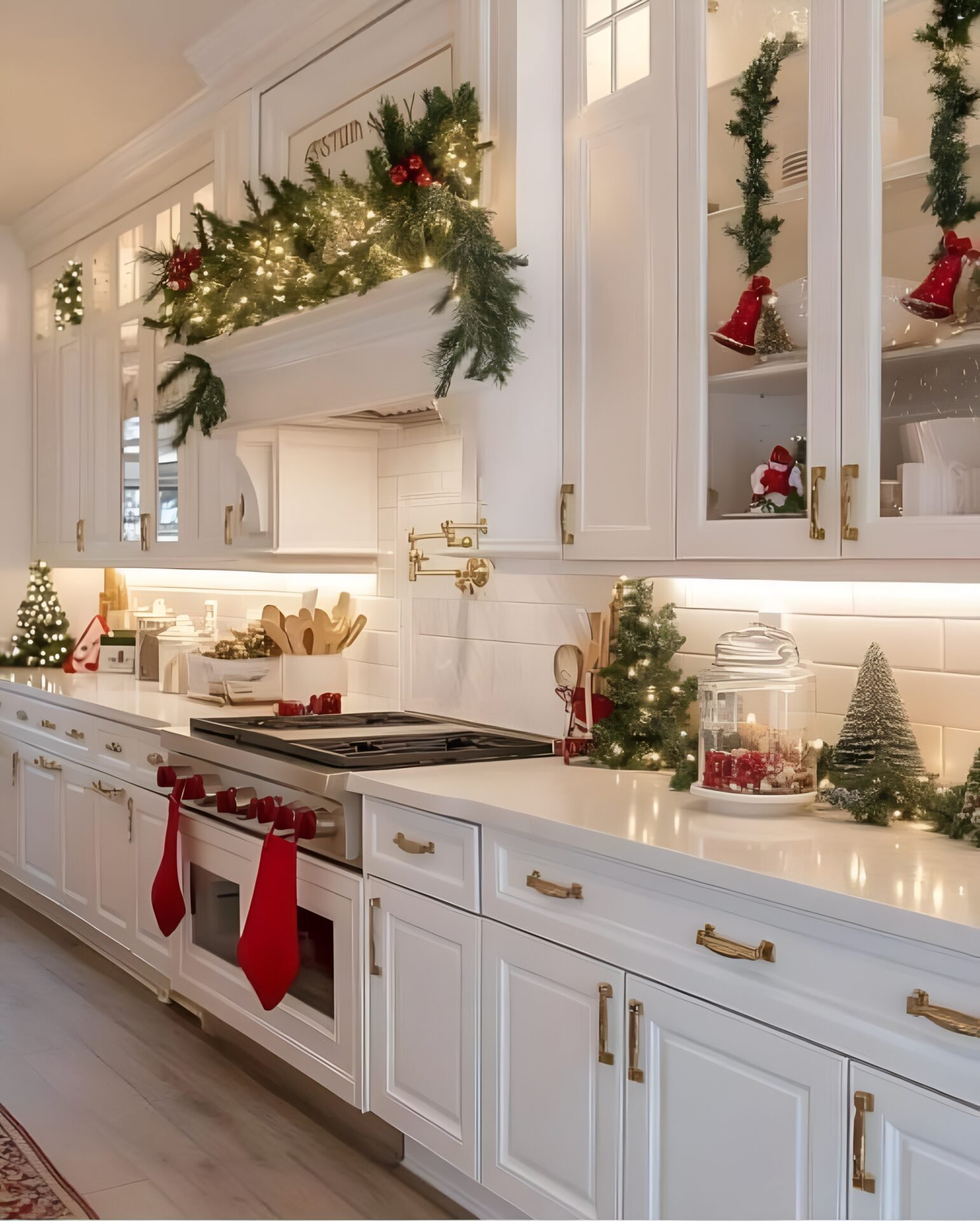 A bright white kitchen decorated for Christmas with festive green garland draped over the range hood, twinkling string lights, gold hardware, and red accents including hanging towels and bells inside glass cabinets.