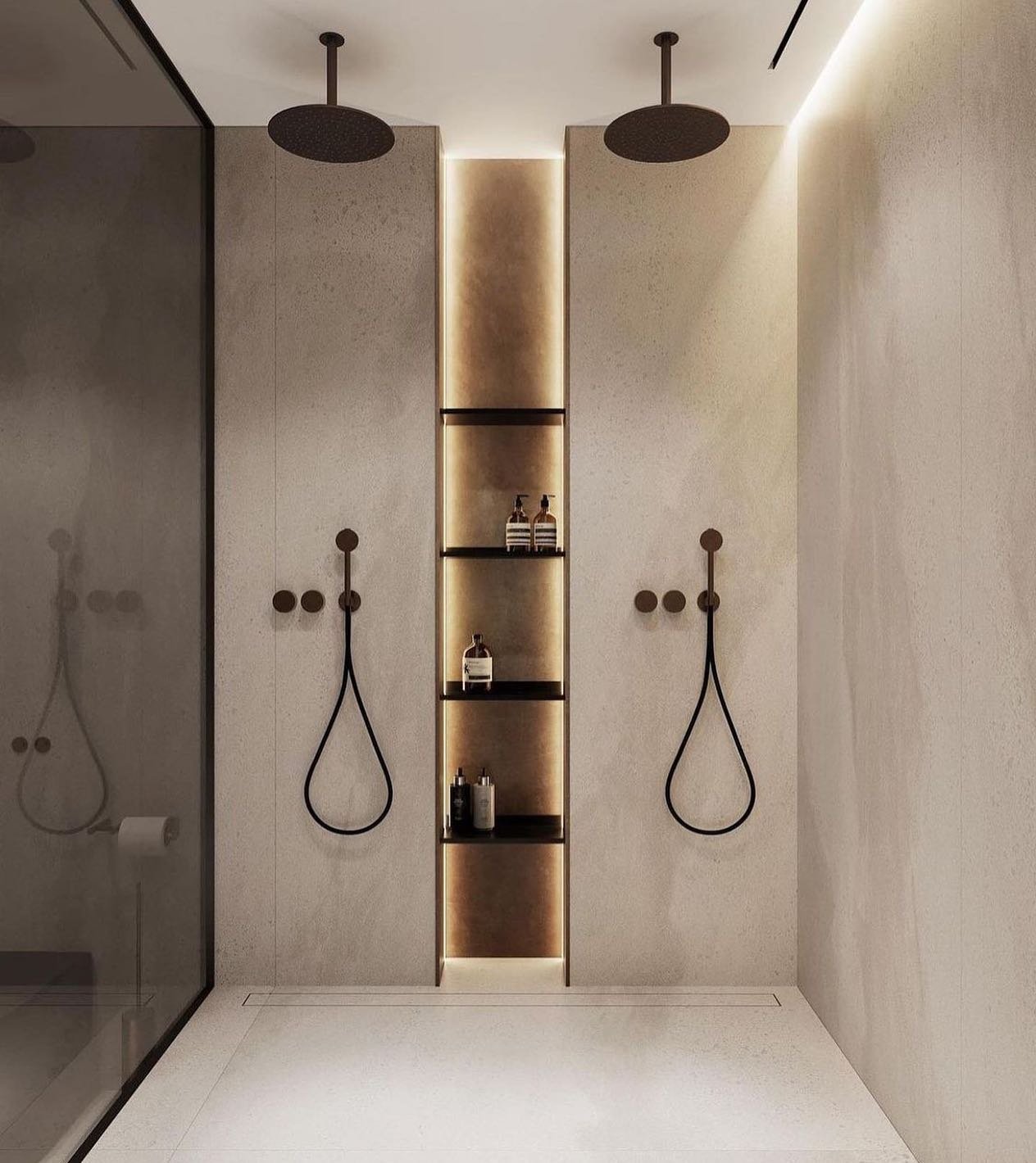 A luxurious double walk-in shower featuring matte black fixtures, rain heads, and a central illuminated product niche.