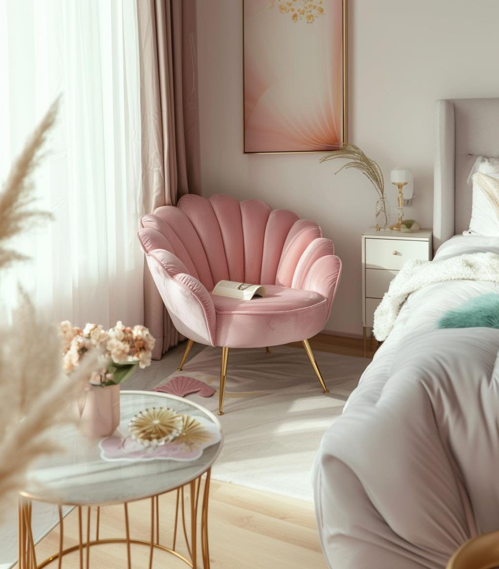 A millennial pink velvet shell chair with gold legs sits in a sunlit bedroom next to a bed.